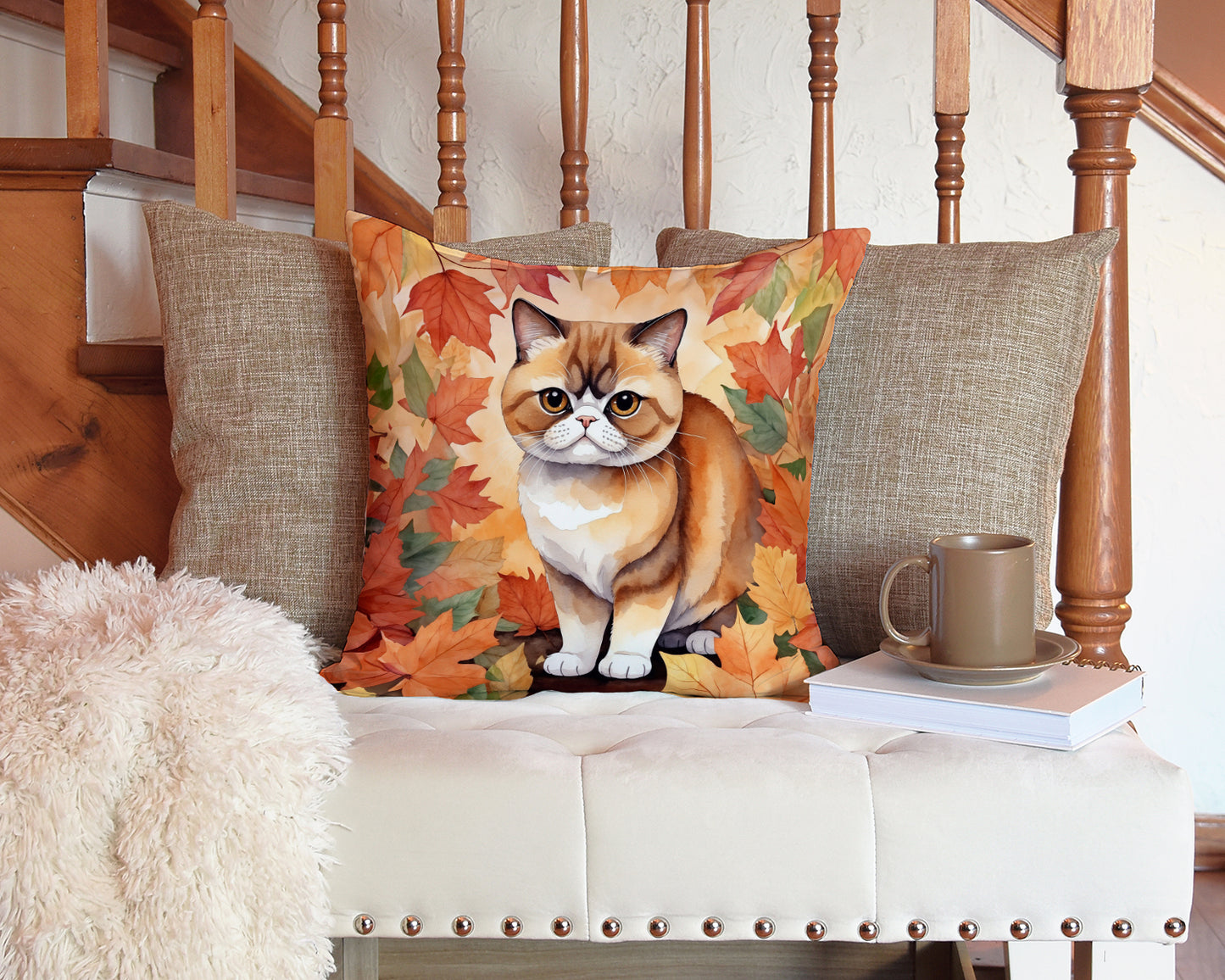 Exotic Shorthair Cat in Fall Leaves Throw Pillow