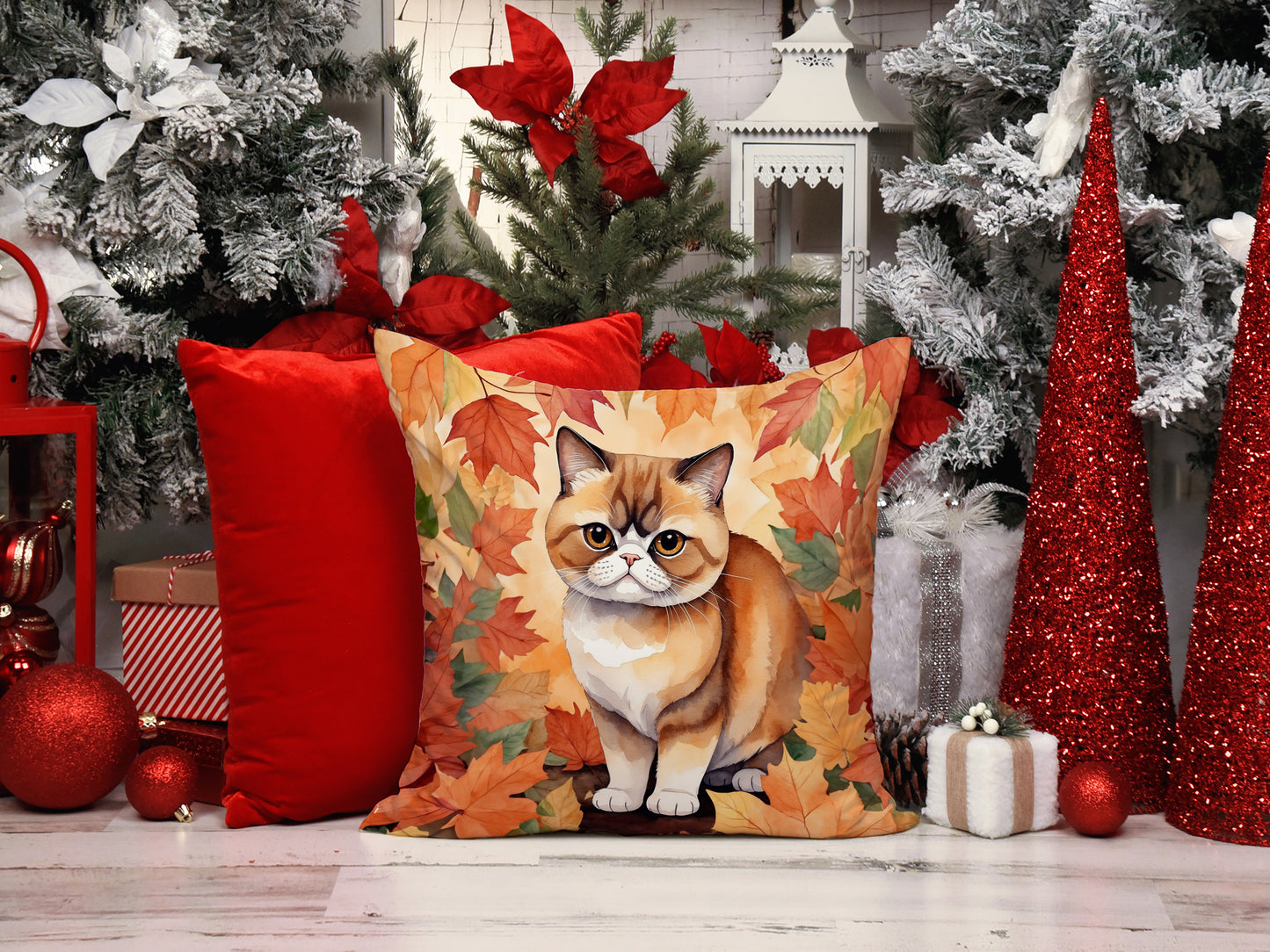 Exotic Shorthair Cat in Fall Leaves Throw Pillow