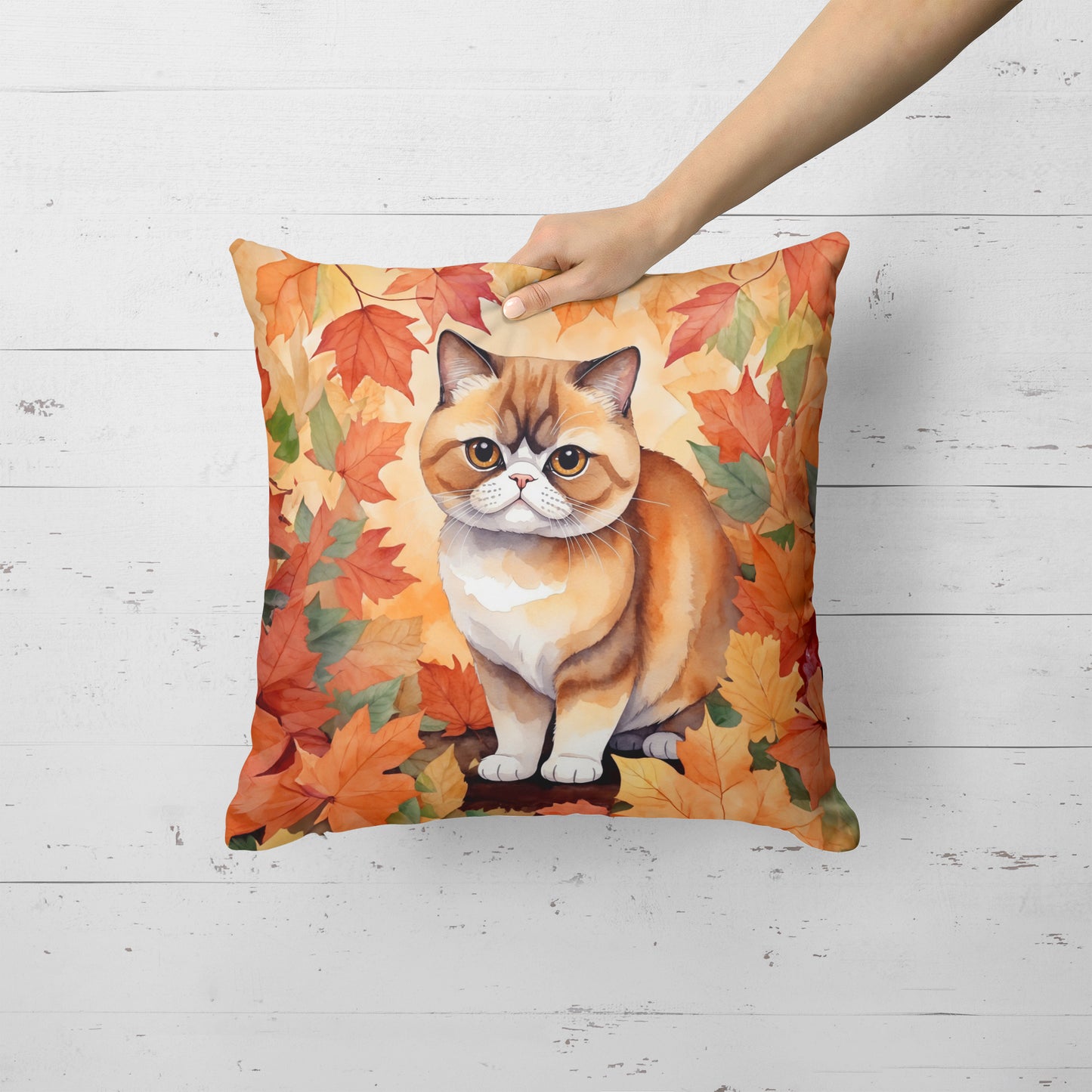 Exotic Shorthair Cat in Fall Leaves Throw Pillow