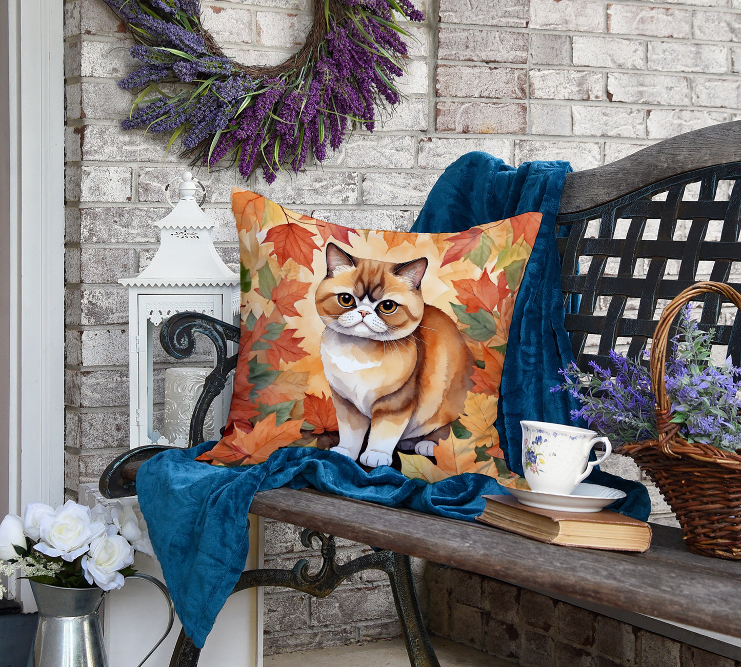 Exotic Shorthair Cat in Fall Leaves Throw Pillow