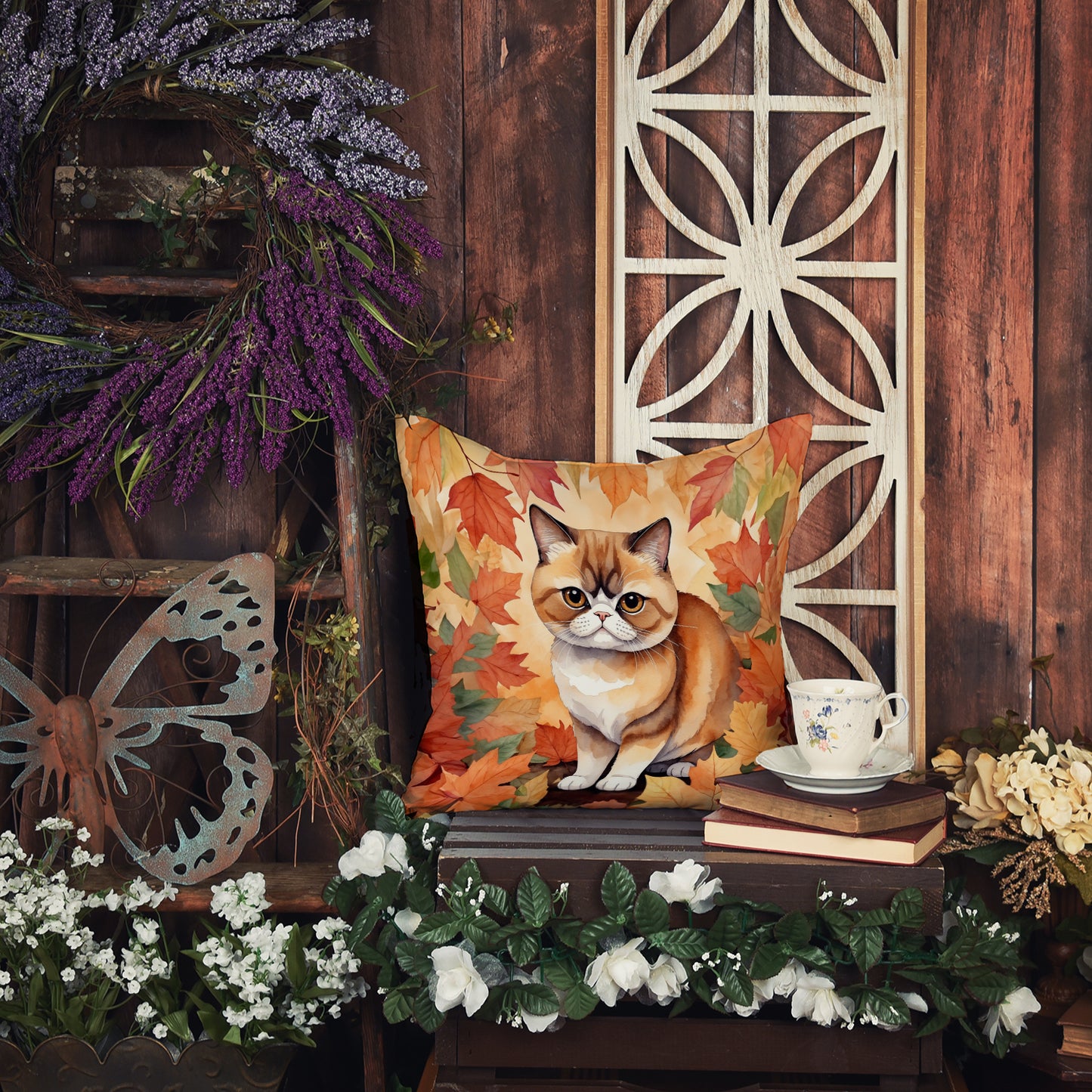 Exotic Shorthair Cat in Fall Leaves Throw Pillow