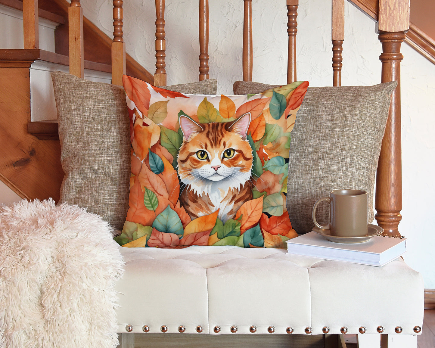 Foldex Exotic Fold Cat in Fall Leaves Throw Pillow