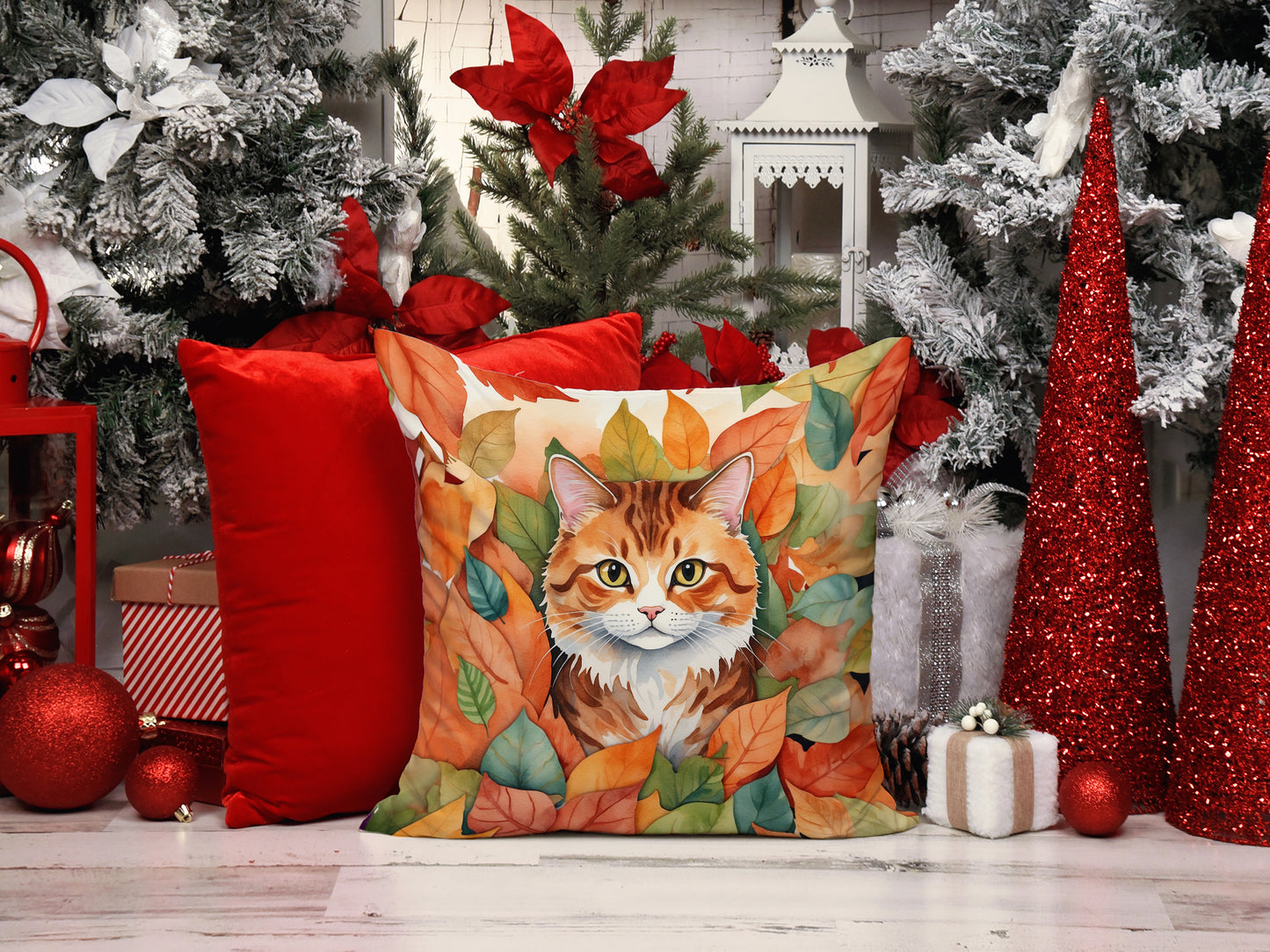 Foldex Exotic Fold Cat in Fall Leaves Throw Pillow