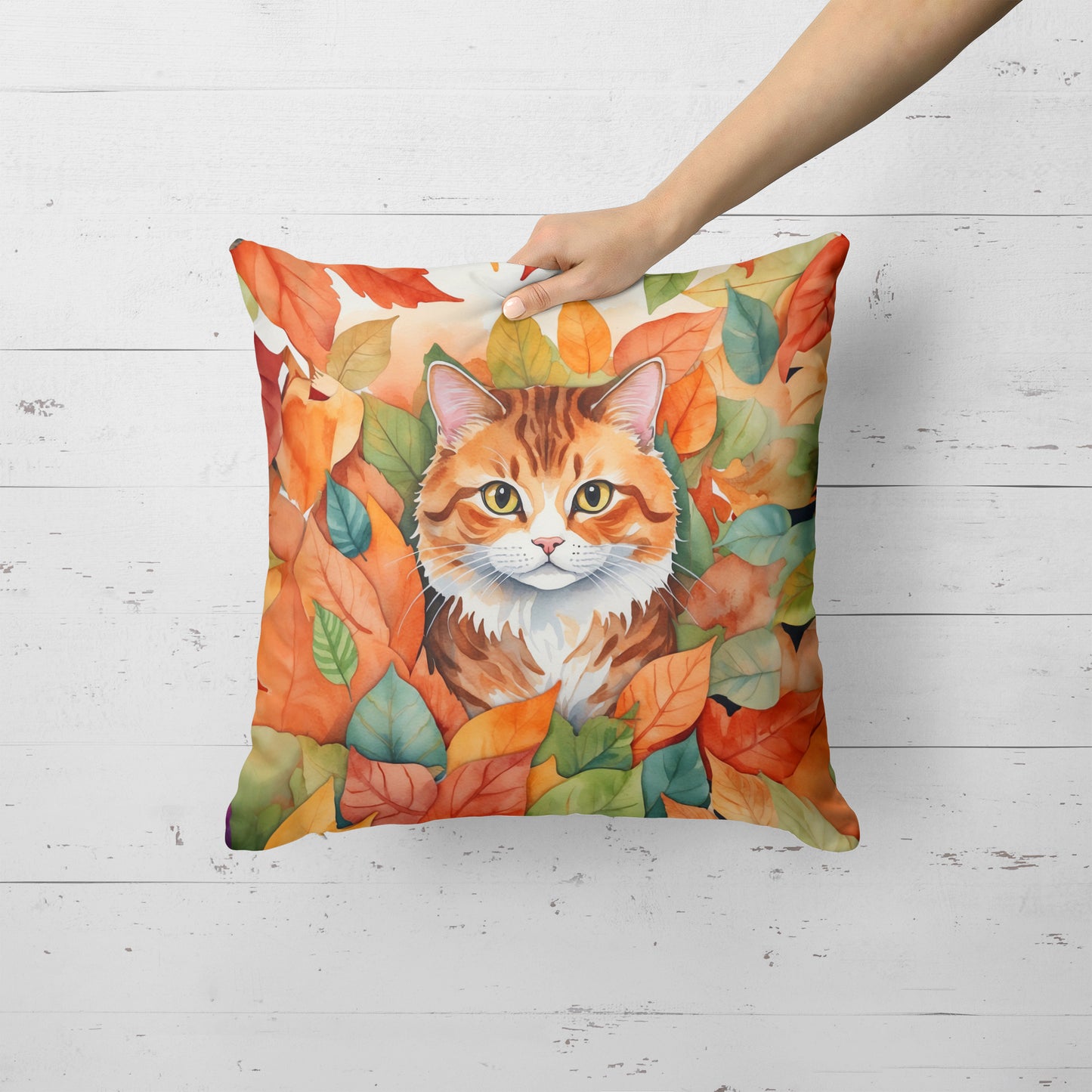 Foldex Exotic Fold Cat in Fall Leaves Throw Pillow