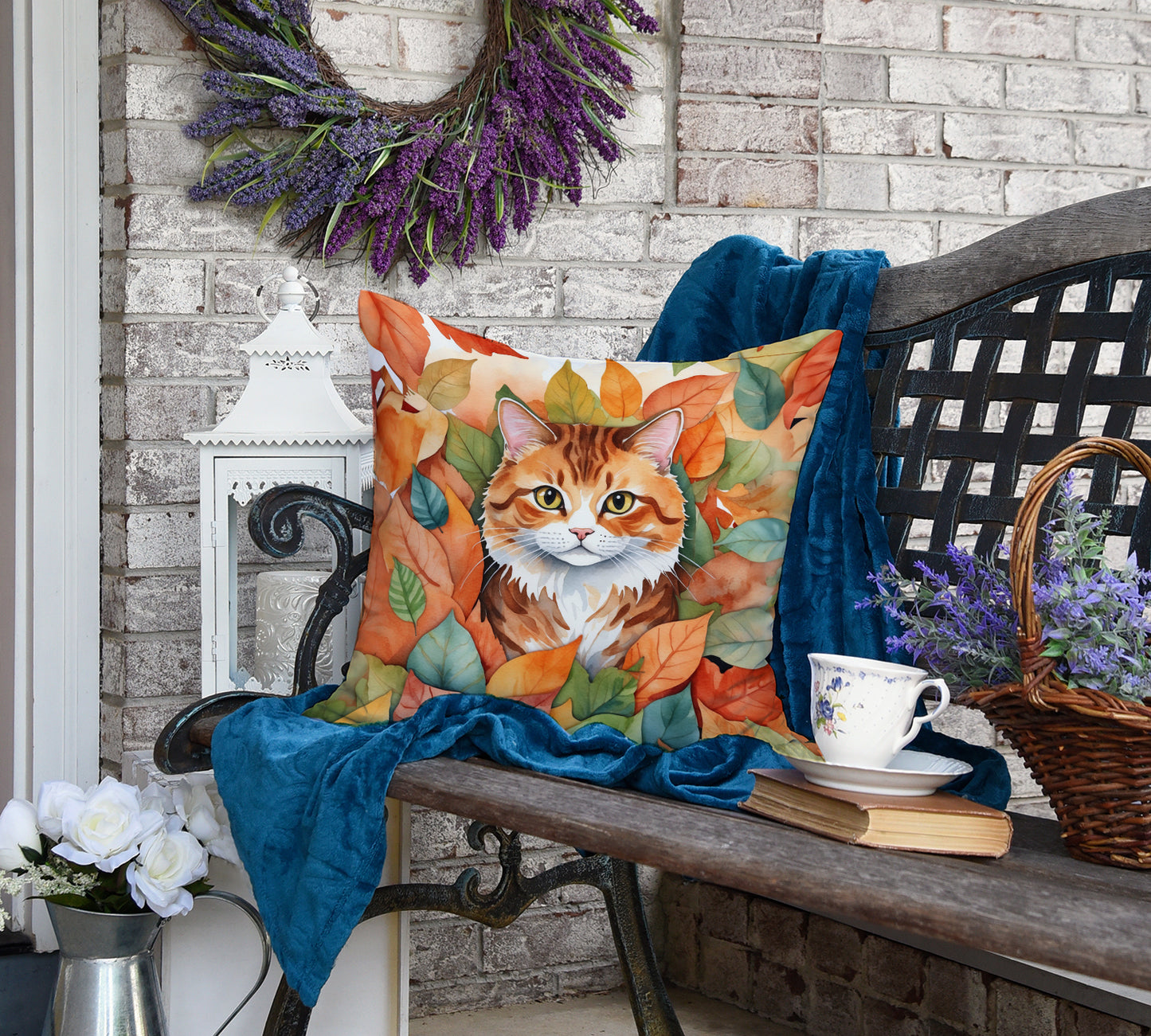 Foldex Exotic Fold Cat in Fall Leaves Throw Pillow