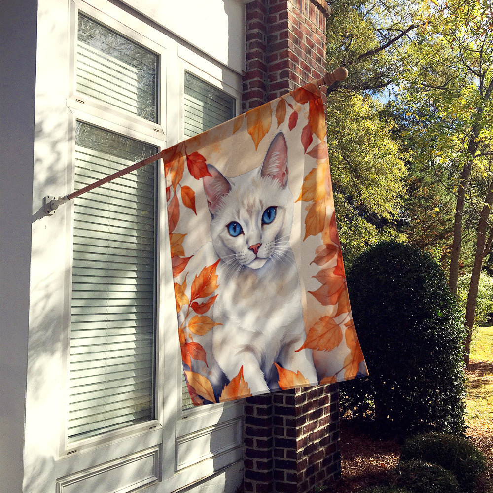 Foreign White Cat in Fall Leaves House Flag
