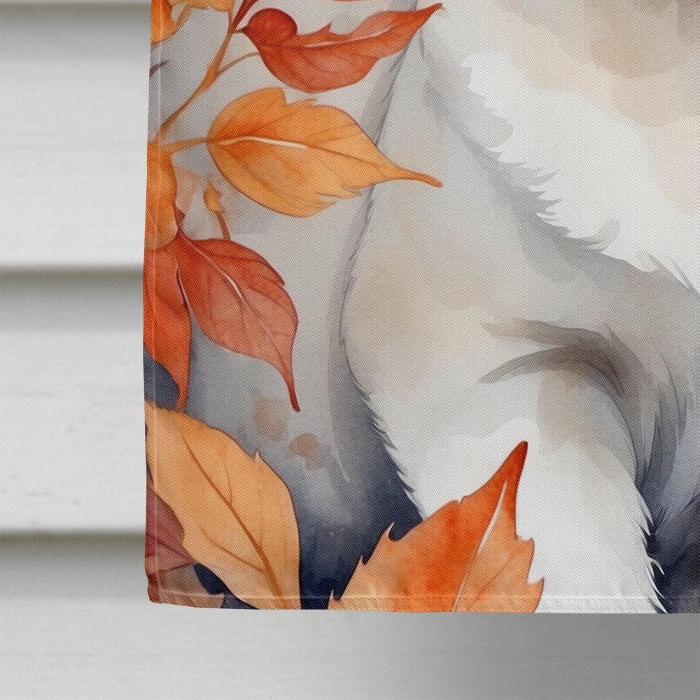 Foreign White Cat in Fall Leaves House Flag