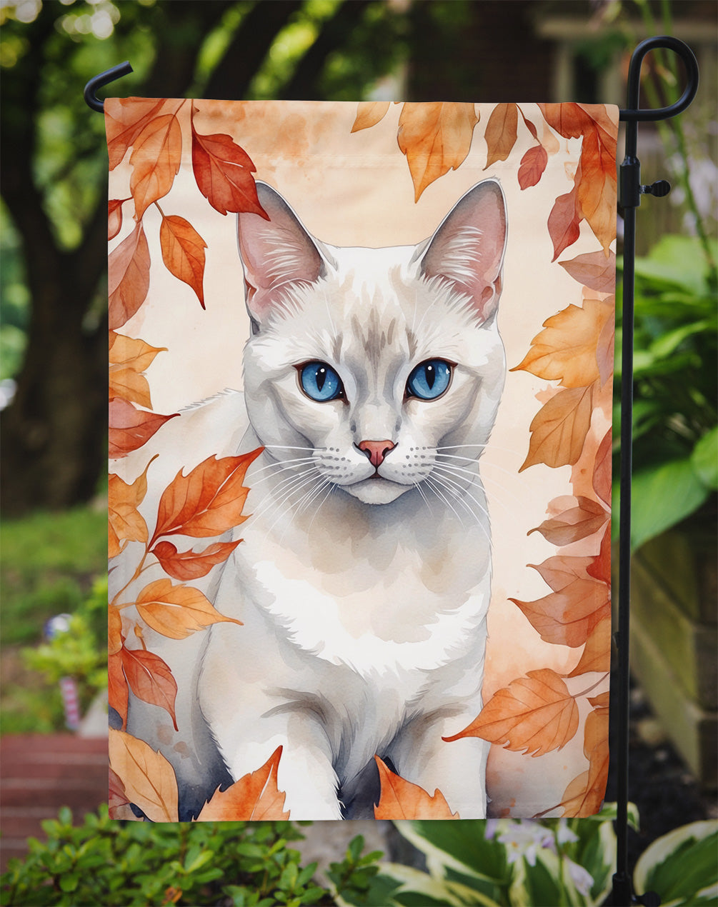 Foreign White Cat in Fall Leaves Garden Flag
