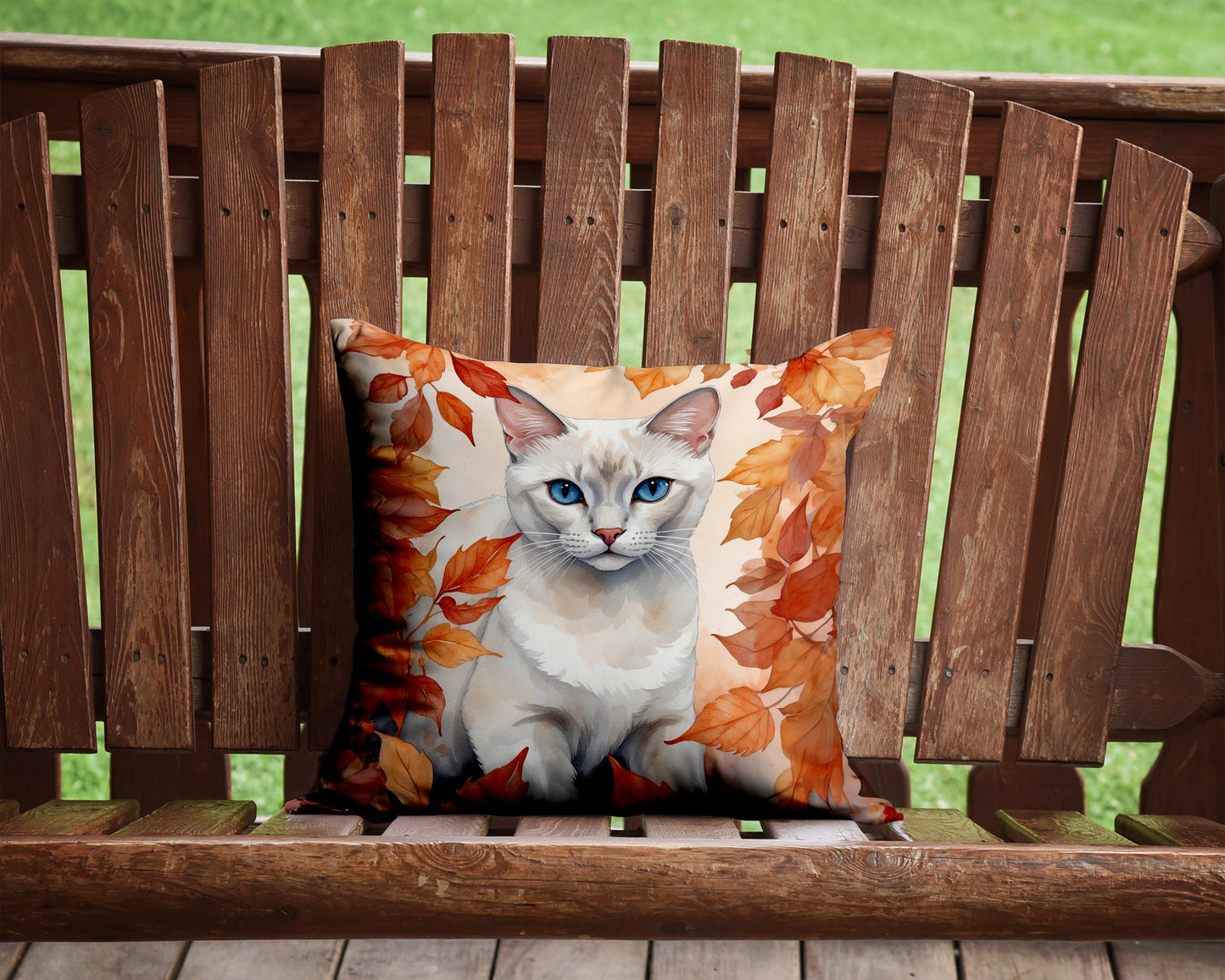 Foreign White Cat in Fall Leaves Throw Pillow