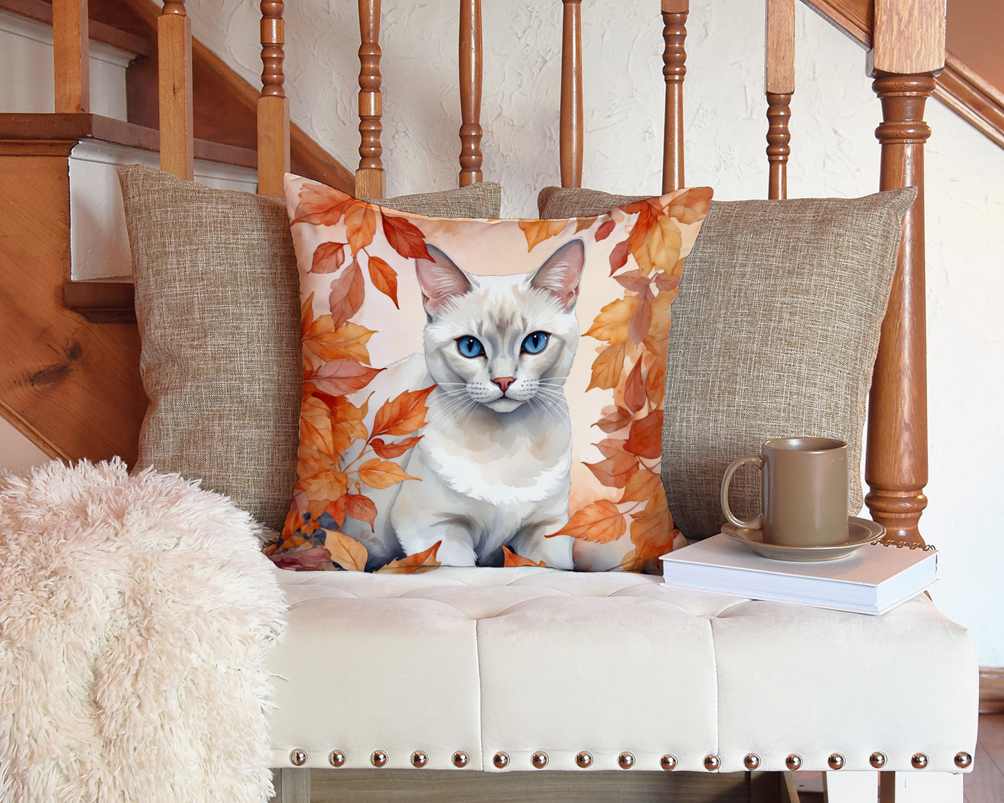 Foreign White Cat in Fall Leaves Throw Pillow