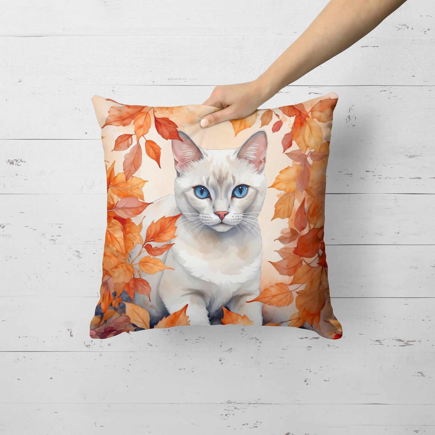 Foreign White Cat in Fall Leaves Throw Pillow