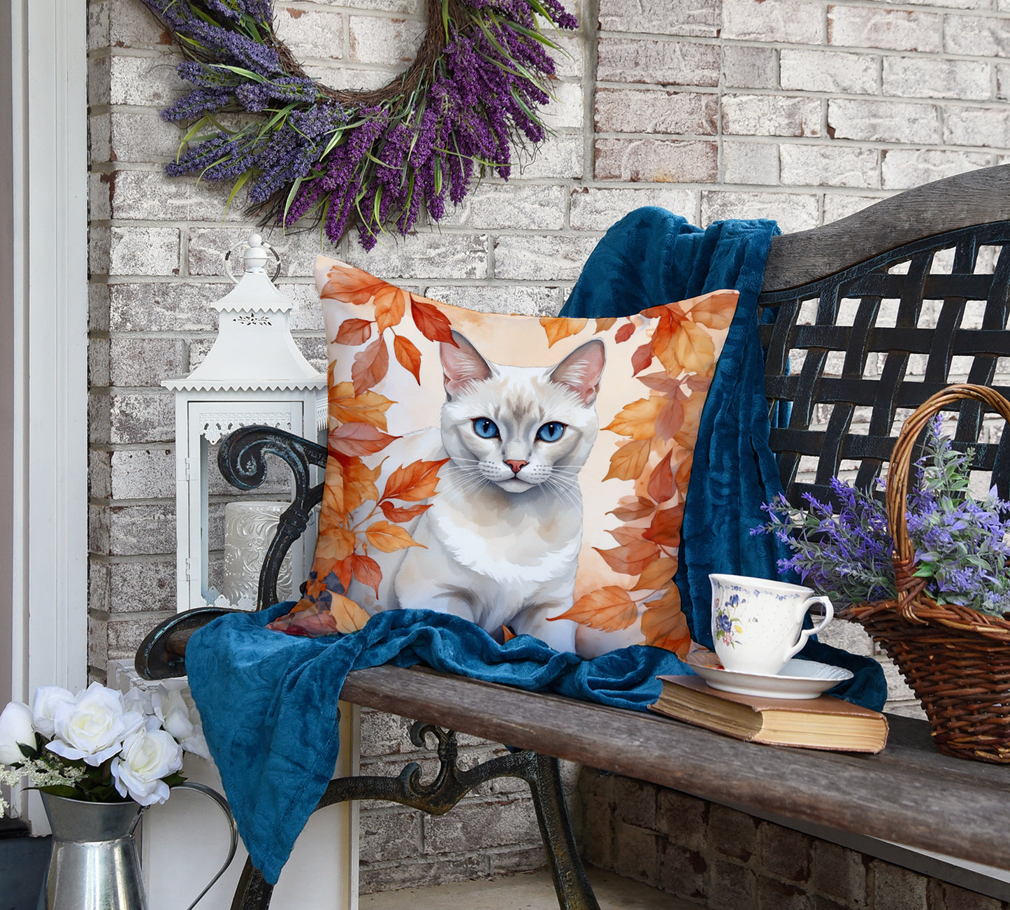 Foreign White Cat in Fall Leaves Throw Pillow