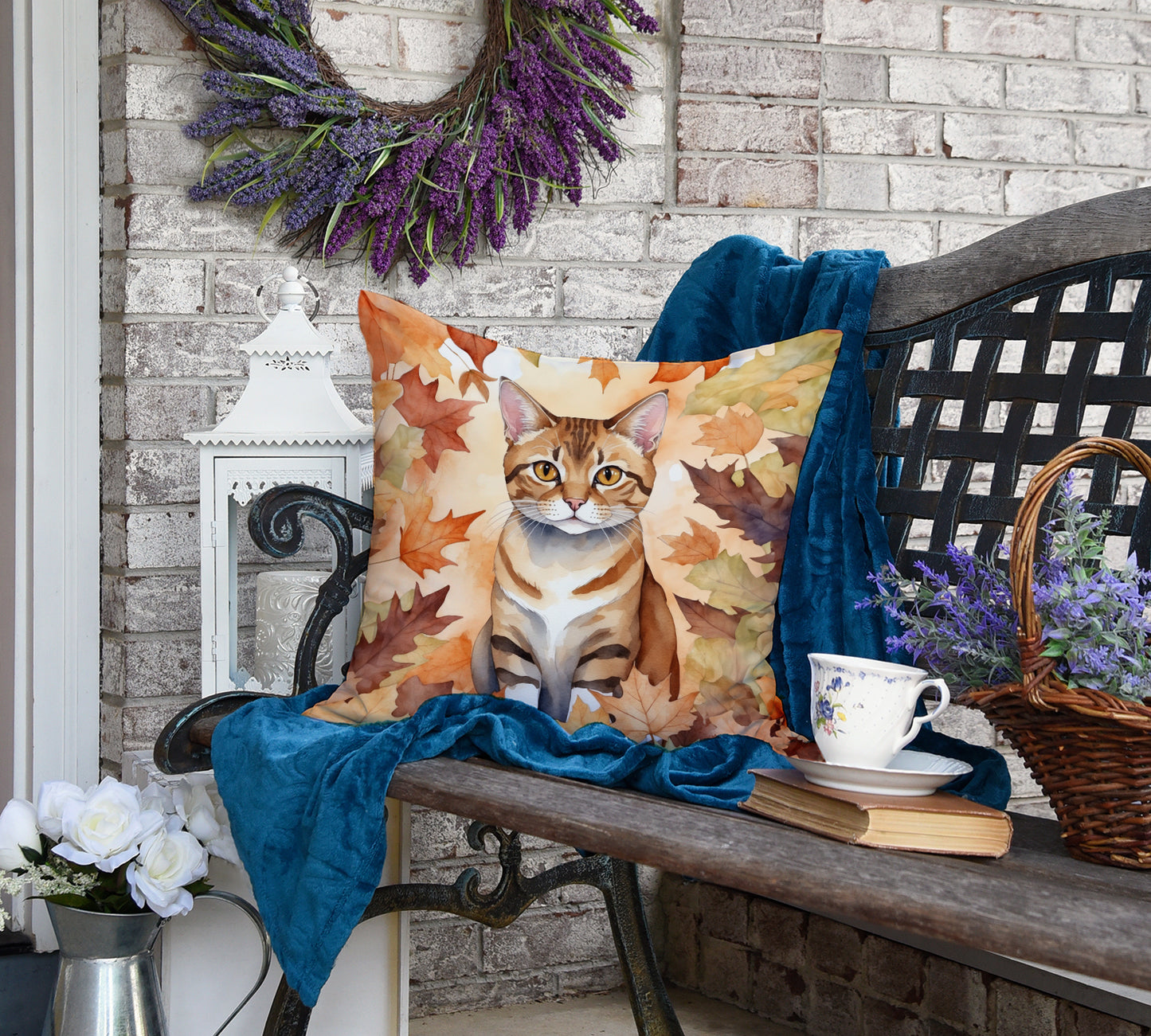 German Rex Cat in Fall Leaves Throw Pillow