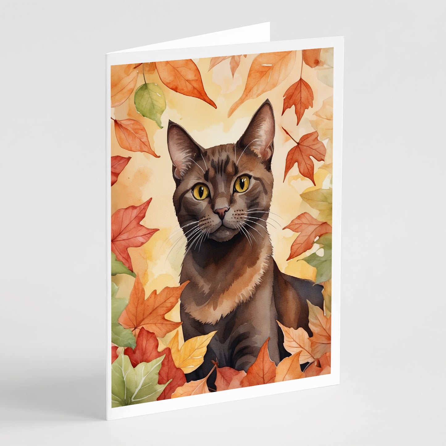 Buy this Havana Brown Cat in Fall Leaves Greeting Cards Pack of 8