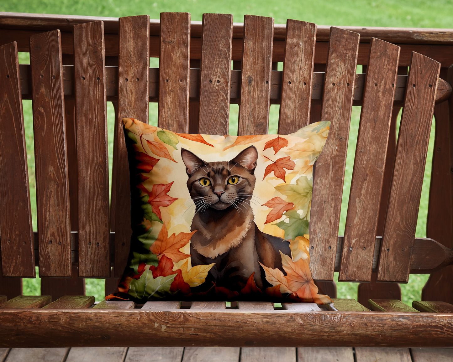 Havana Brown Cat in Fall Leaves Throw Pillow