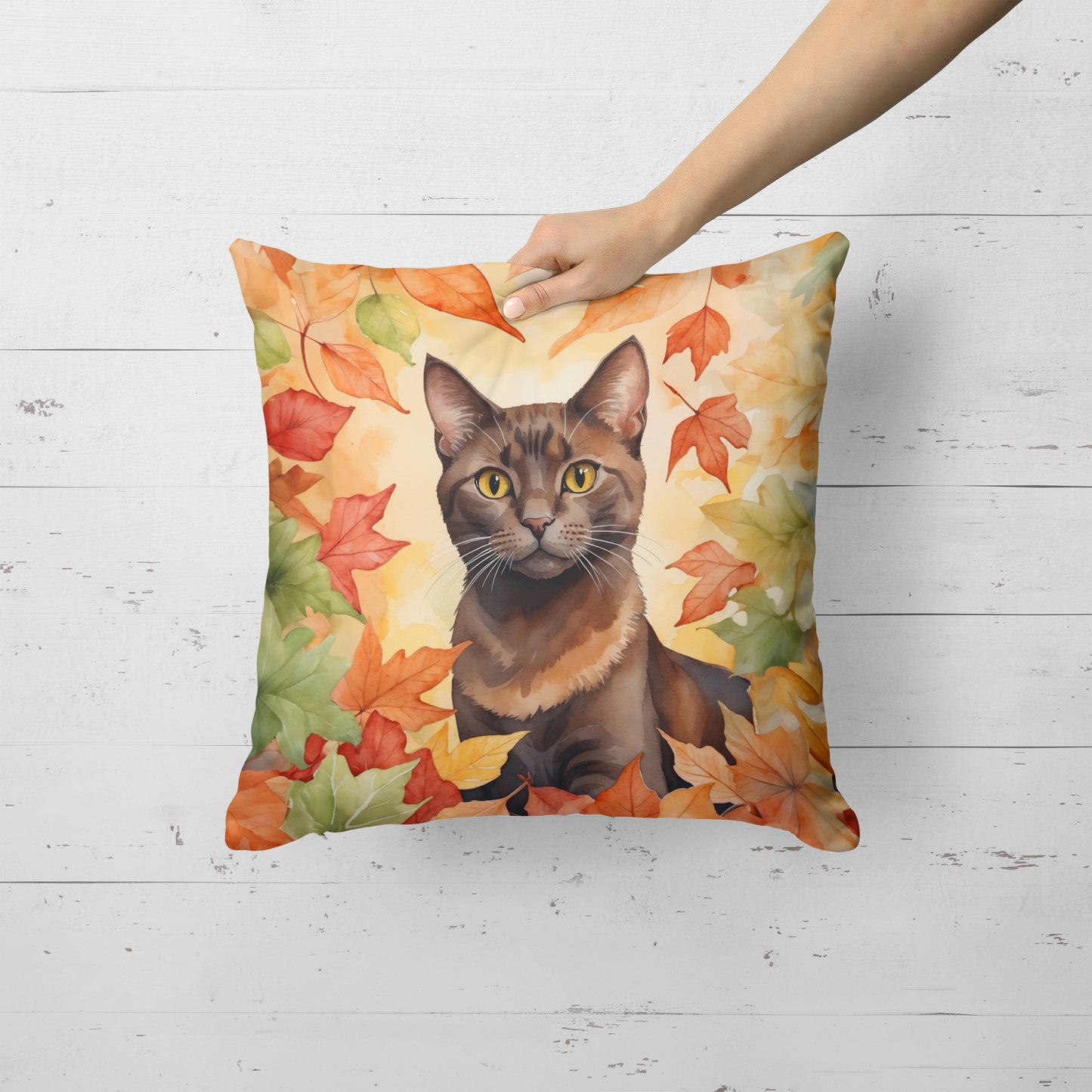 Havana Brown Cat in Fall Leaves Throw Pillow