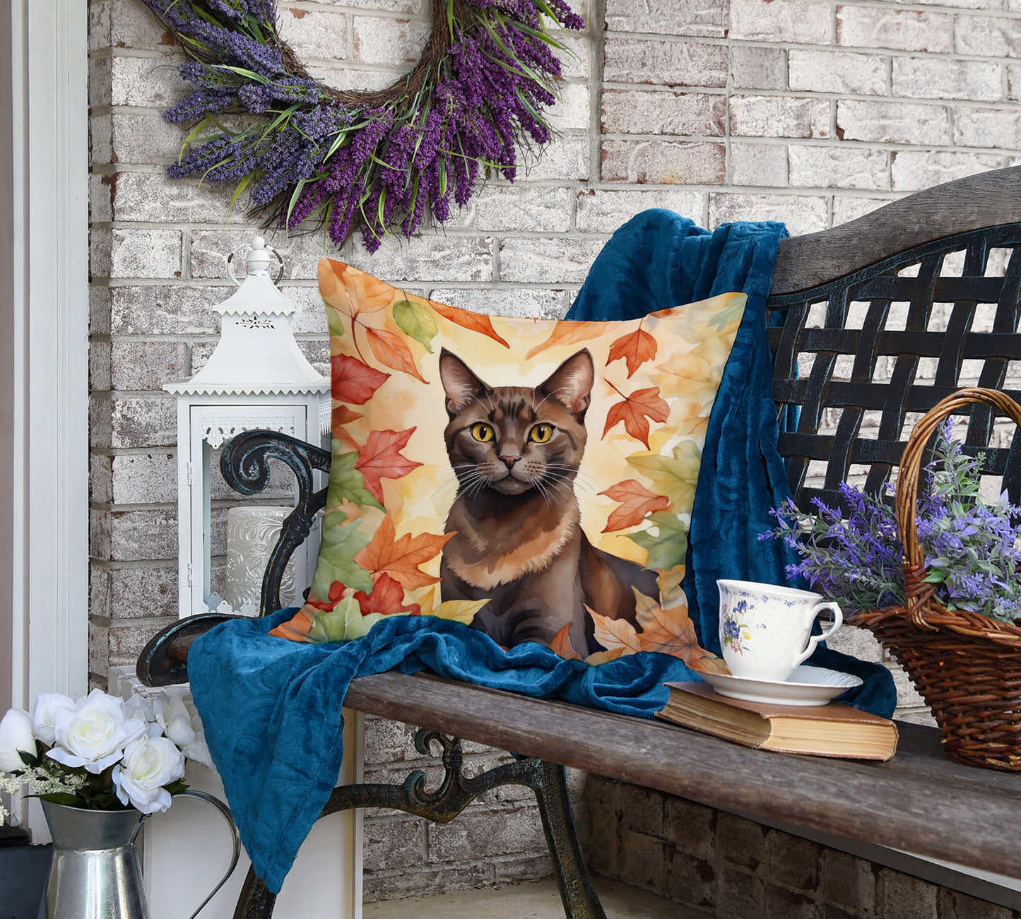 Havana Brown Cat in Fall Leaves Throw Pillow