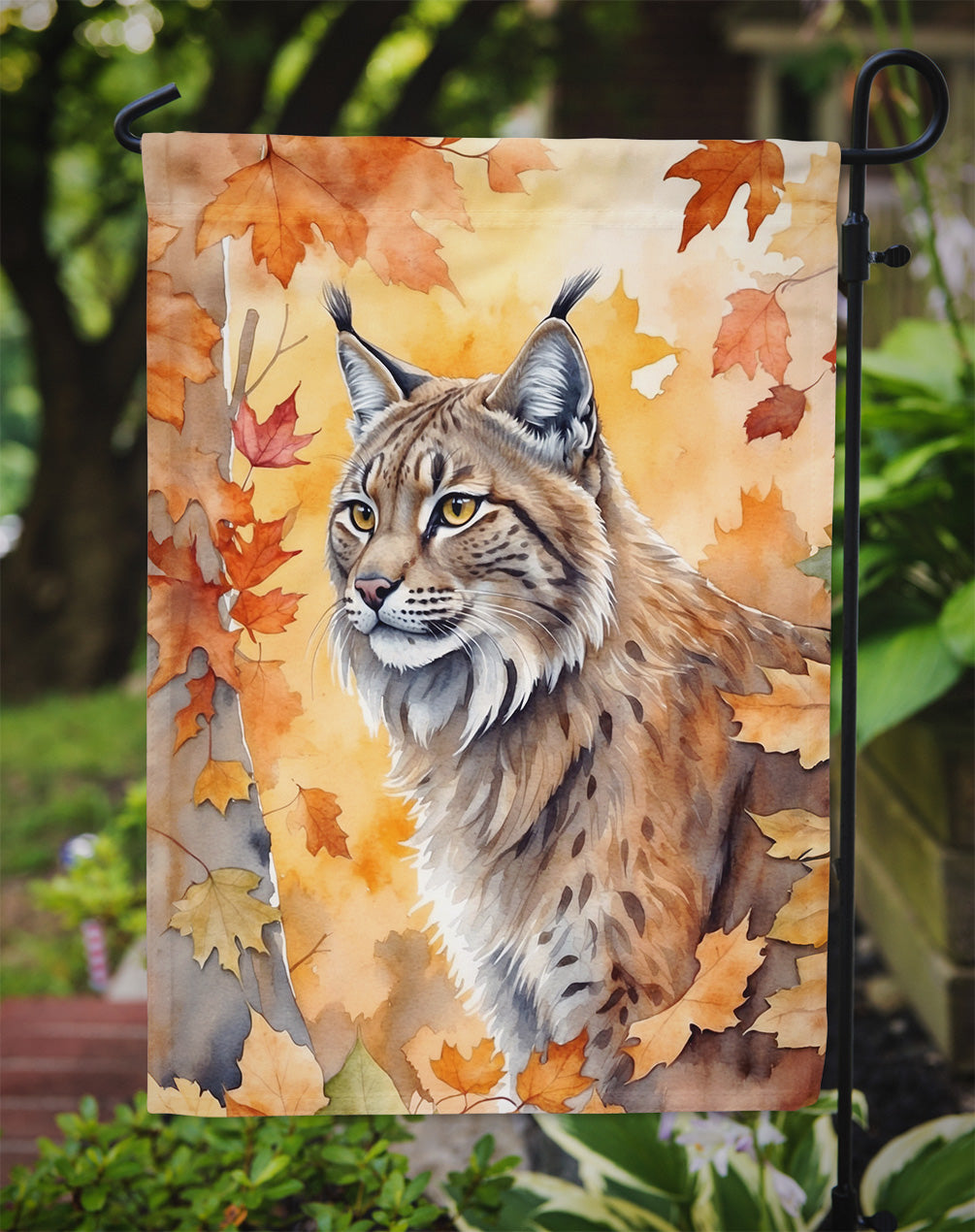 Highlander Lynx Cat in Fall Leaves Garden Flag