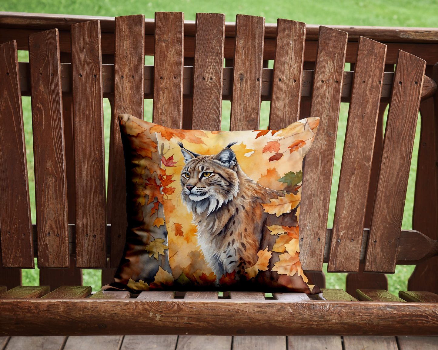 Highlander Lynx Cat in Fall Leaves Throw Pillow