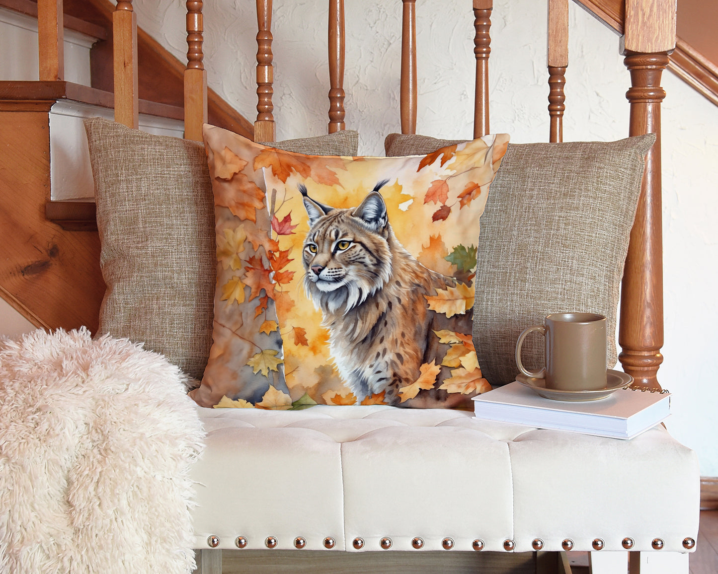 Highlander Lynx Cat in Fall Leaves Throw Pillow