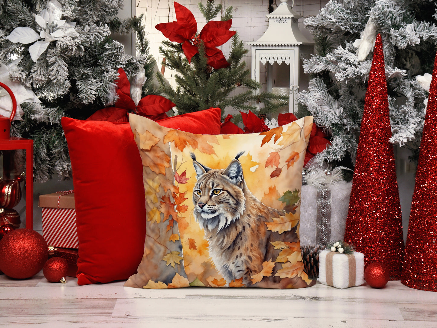 Highlander Lynx Cat in Fall Leaves Throw Pillow