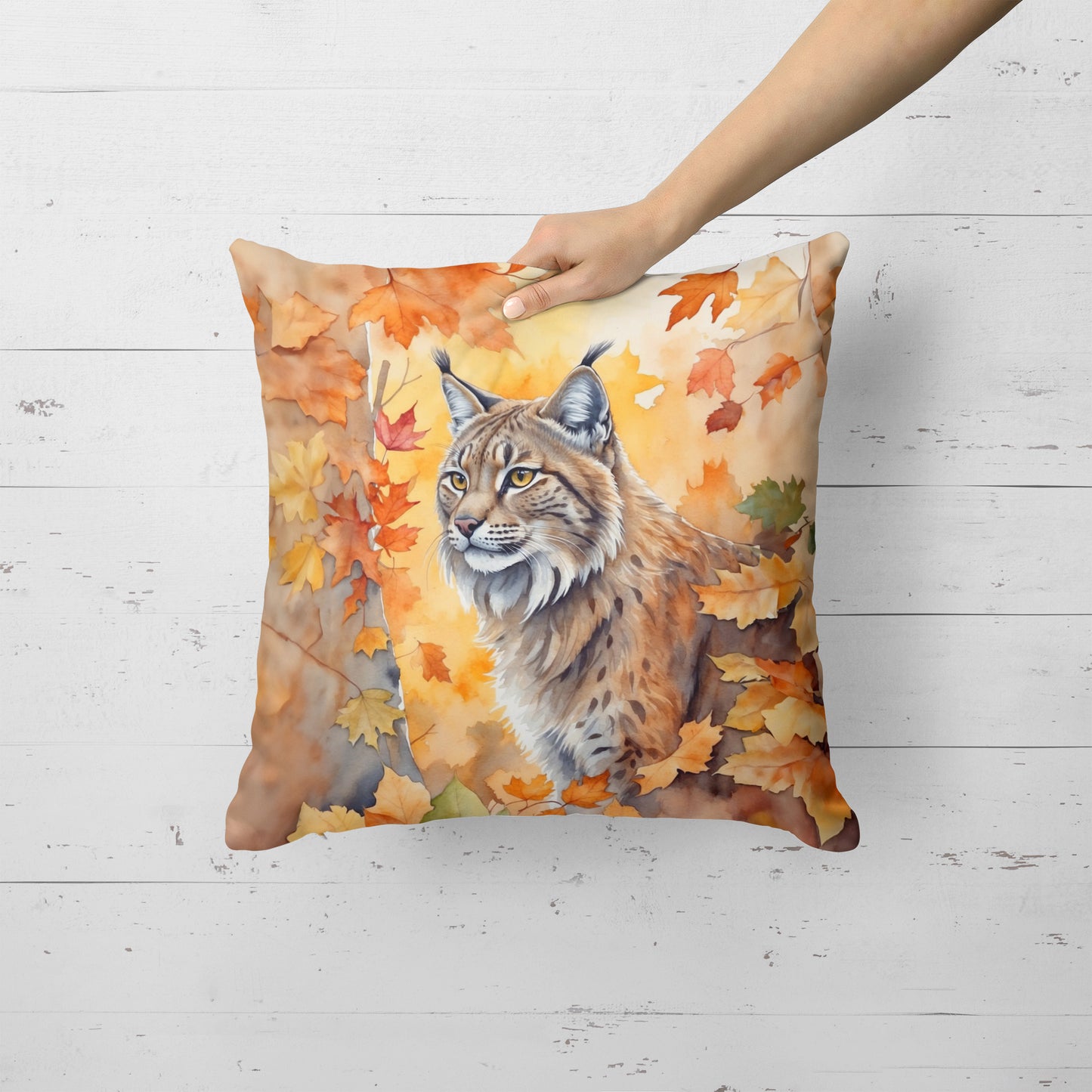 Highlander Lynx Cat in Fall Leaves Throw Pillow