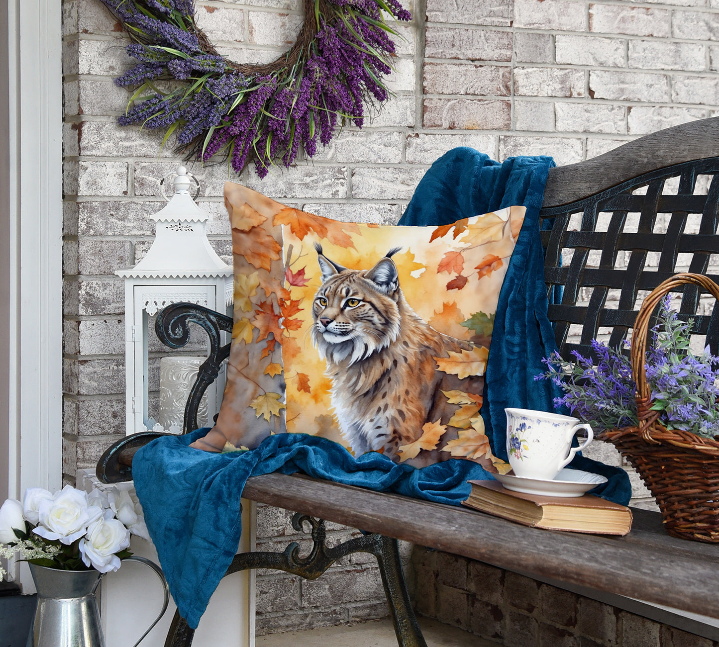 Highlander Lynx Cat in Fall Leaves Throw Pillow