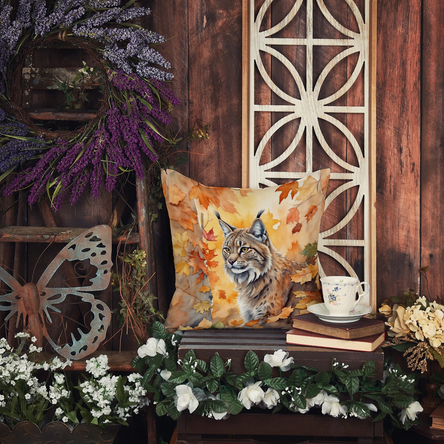 Highlander Lynx Cat in Fall Leaves Throw Pillow