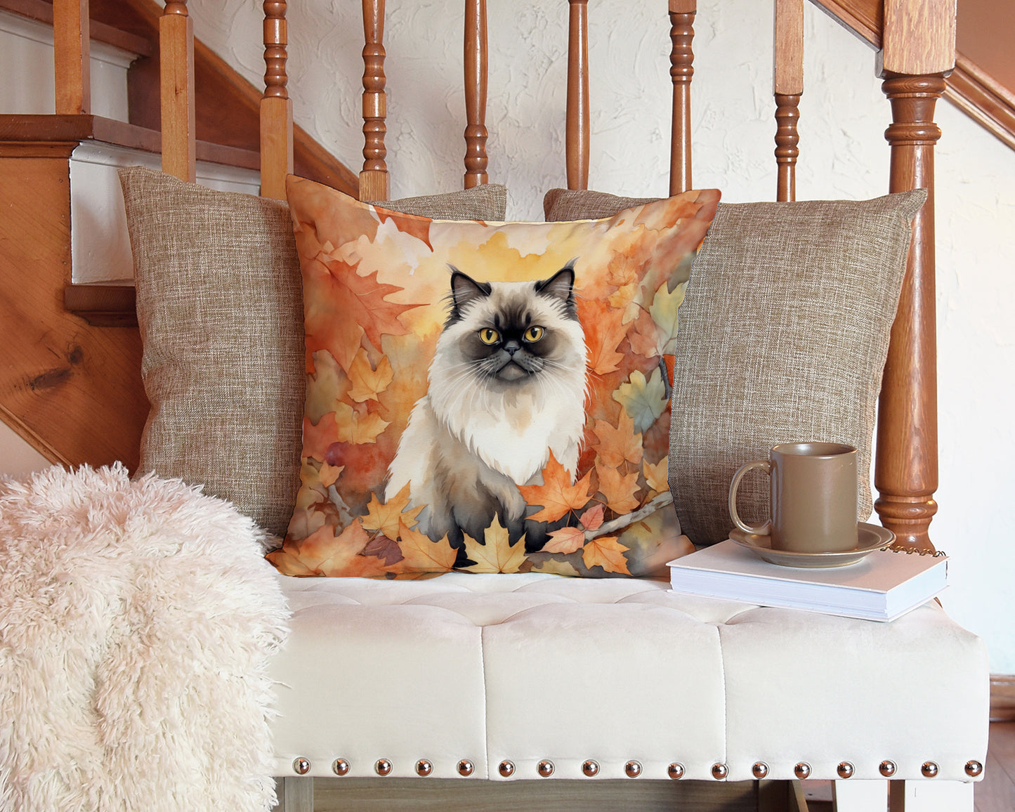 Himalayan Cat in Fall Leaves Throw Pillow