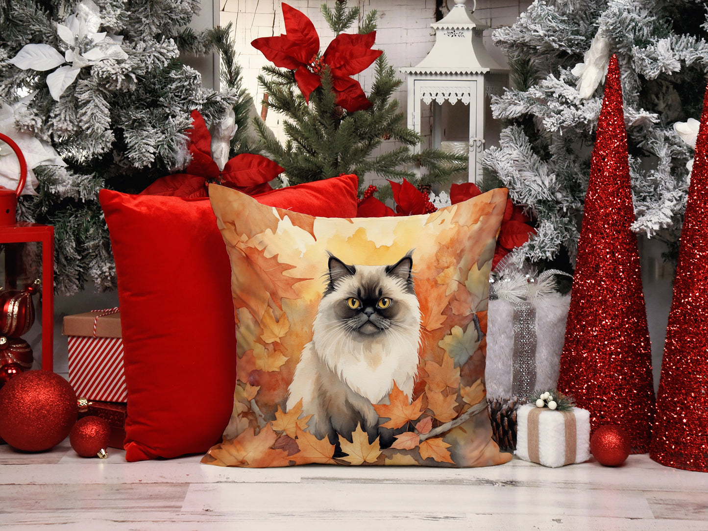 Himalayan Cat in Fall Leaves Throw Pillow