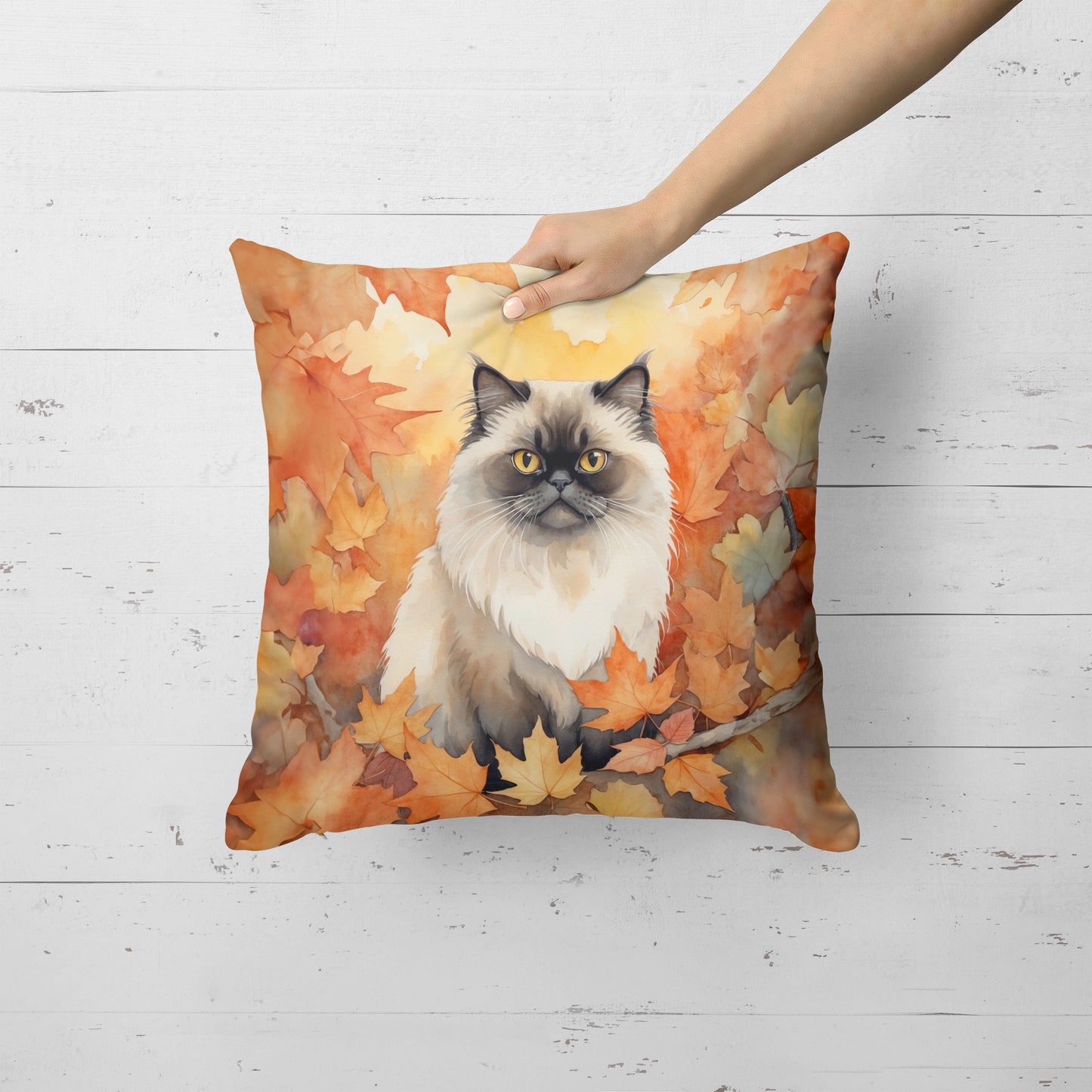 Himalayan Cat in Fall Leaves Throw Pillow