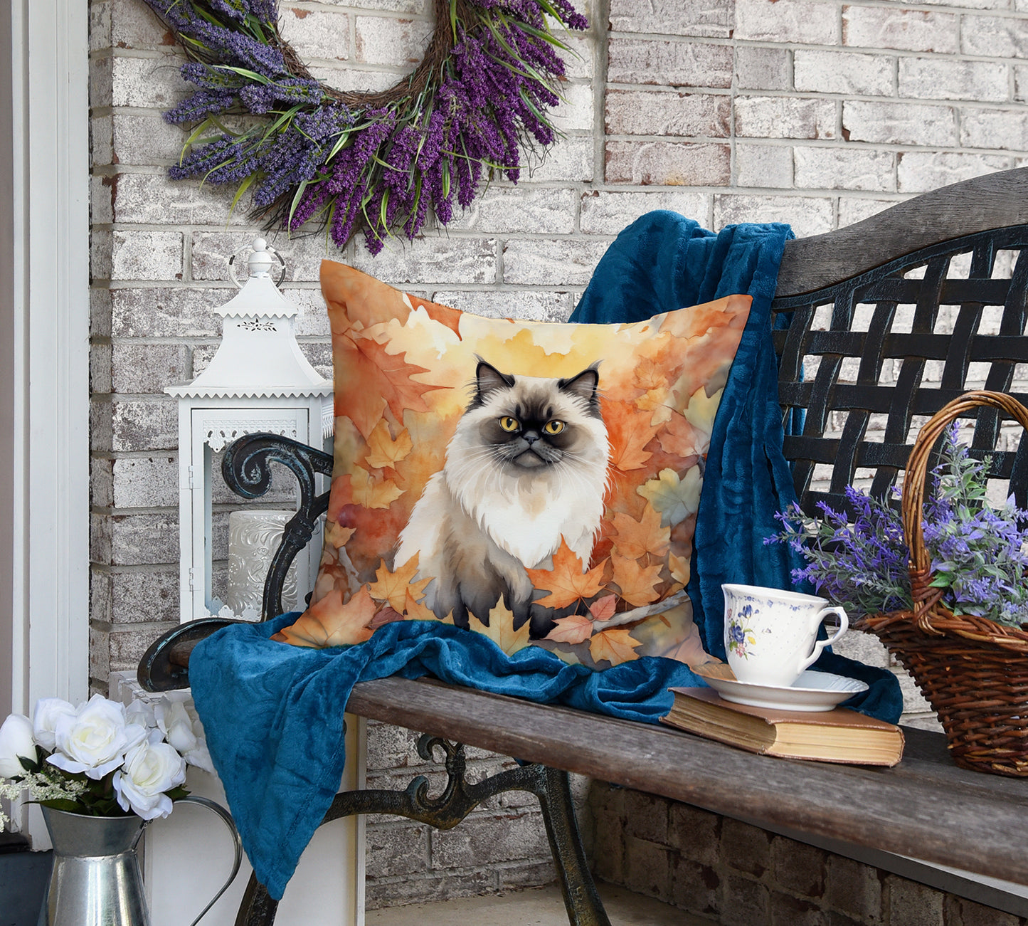 Himalayan Cat in Fall Leaves Throw Pillow