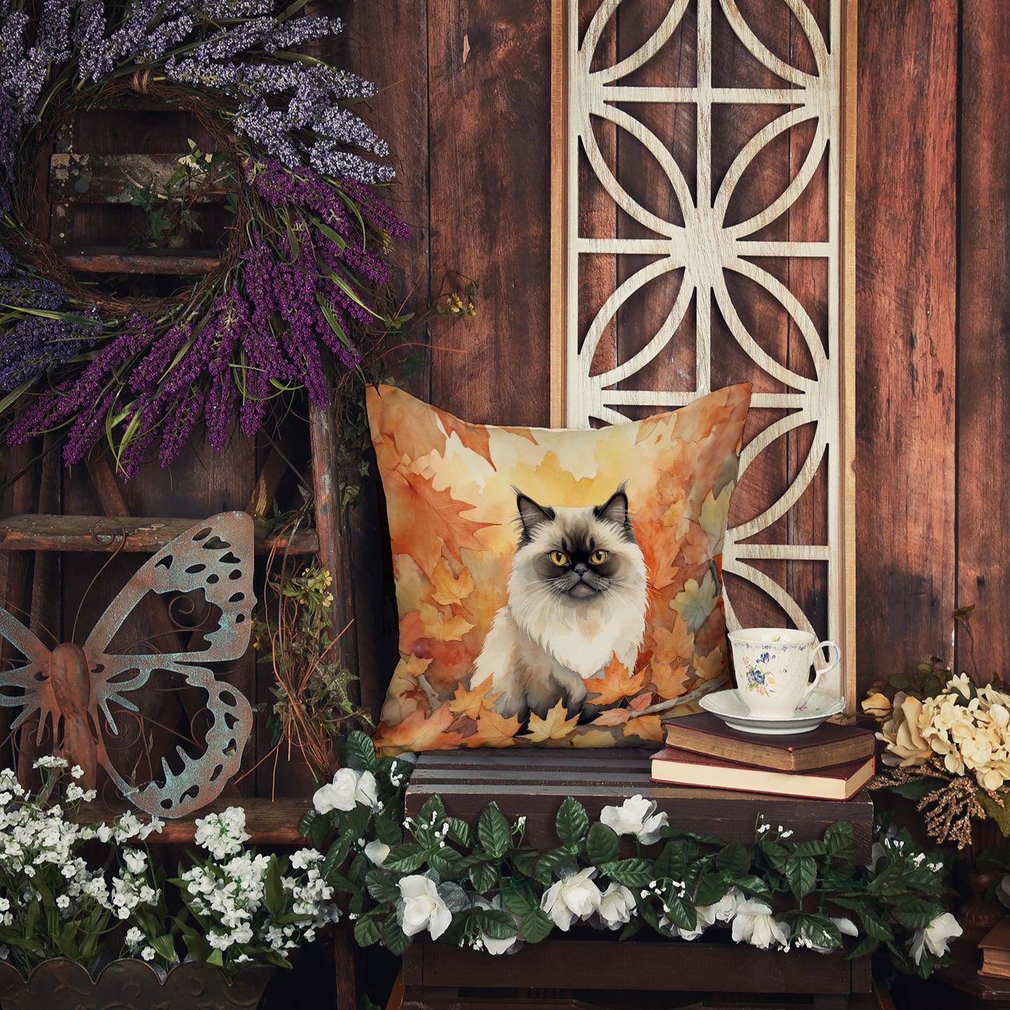 Himalayan Cat in Fall Leaves Throw Pillow