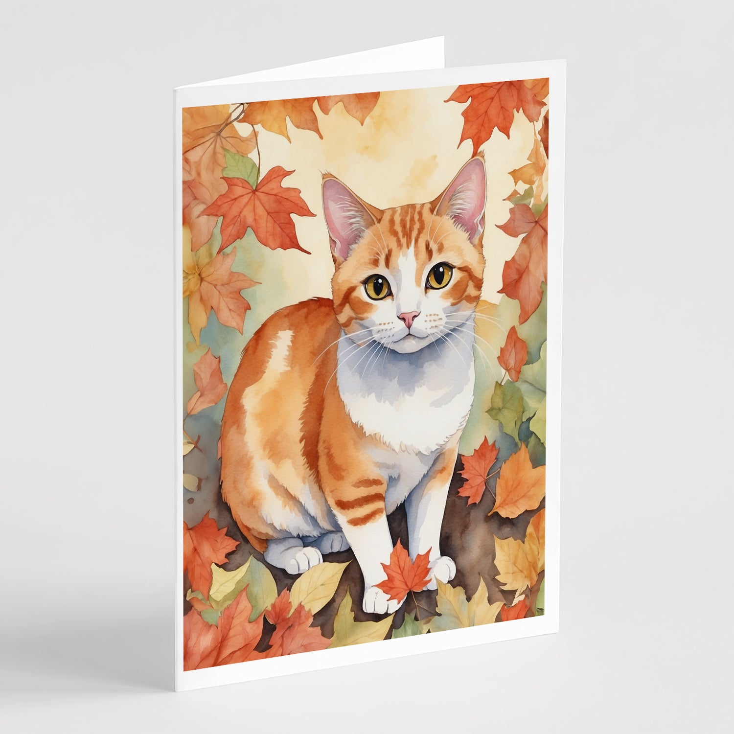 Buy this Japanese Bobtail Cat in Fall Leaves Greeting Cards Pack of 8