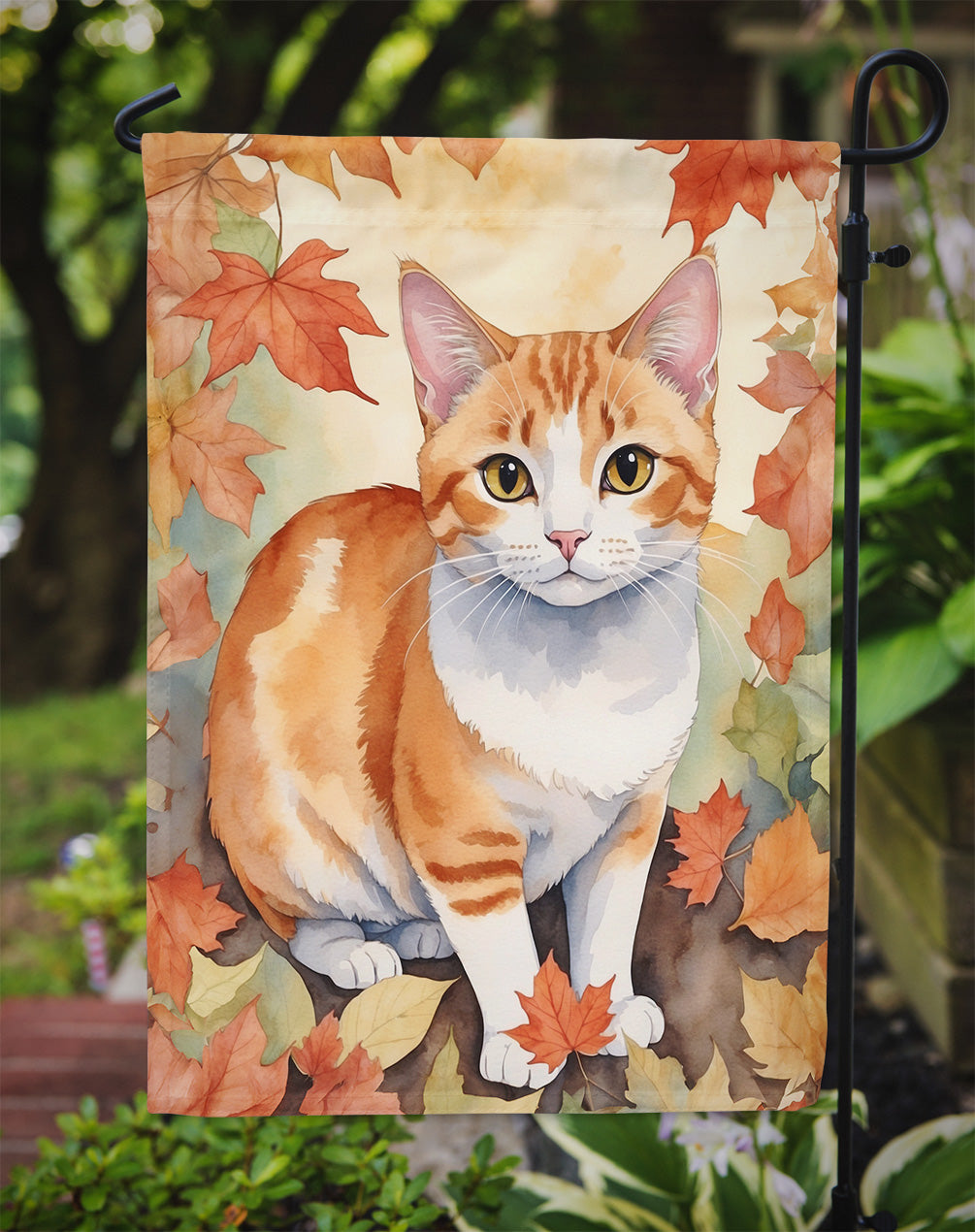 Japanese Bobtail Cat in Fall Leaves Garden Flag