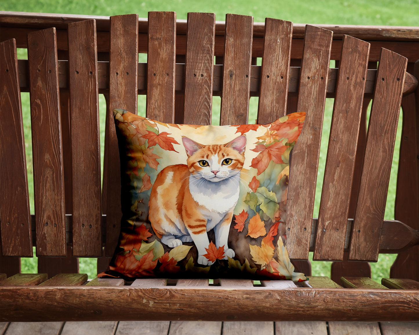 Japanese Bobtail Cat in Fall Leaves Throw Pillow