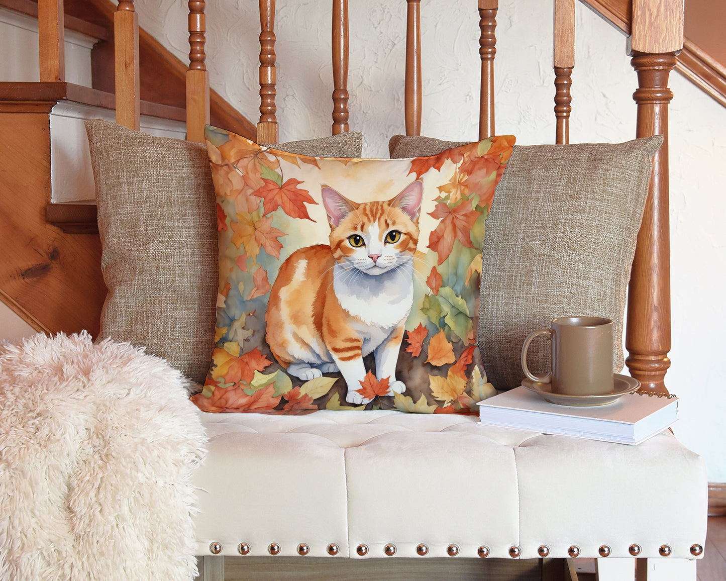 Japanese Bobtail Cat in Fall Leaves Throw Pillow