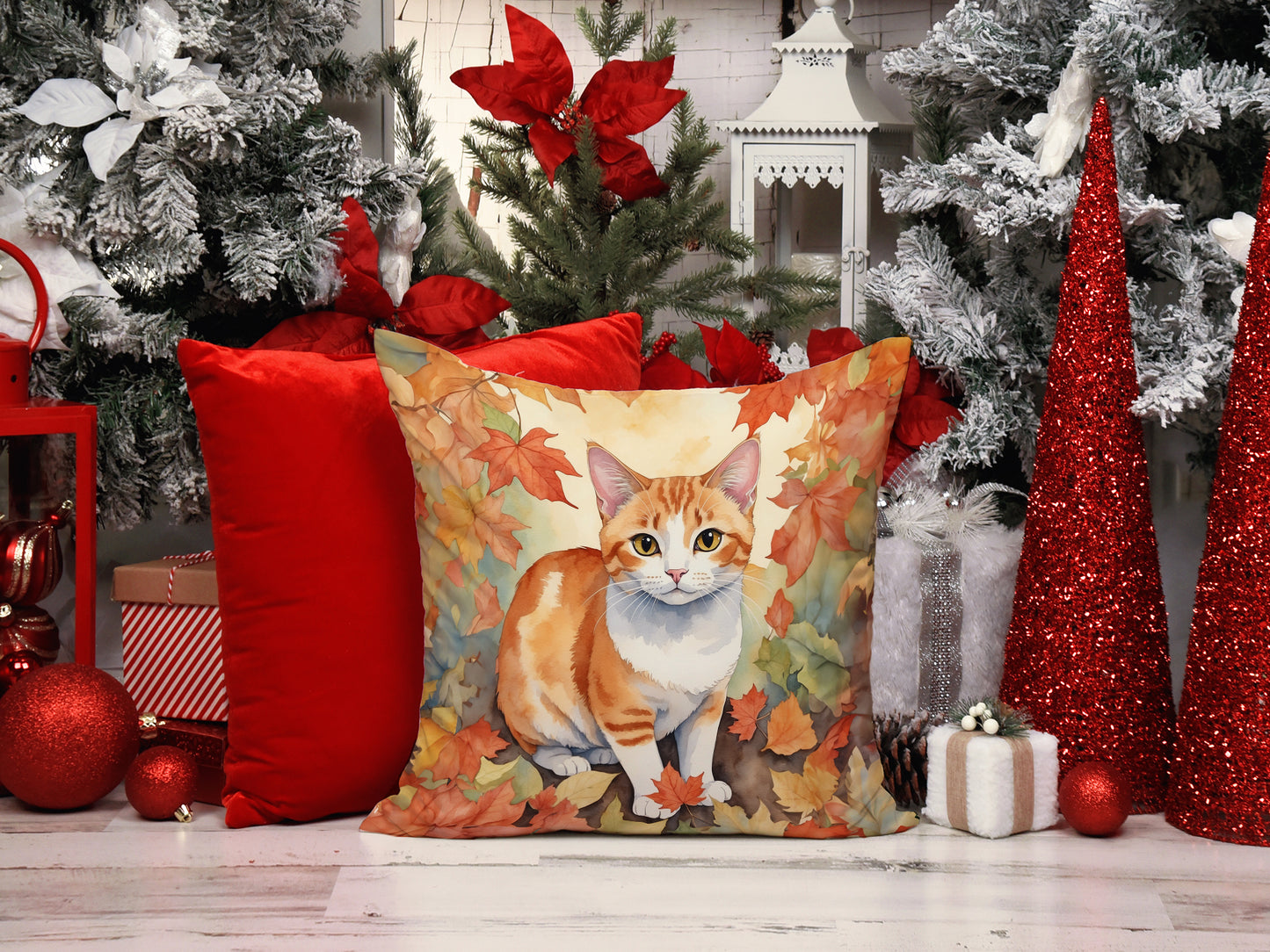 Japanese Bobtail Cat in Fall Leaves Throw Pillow