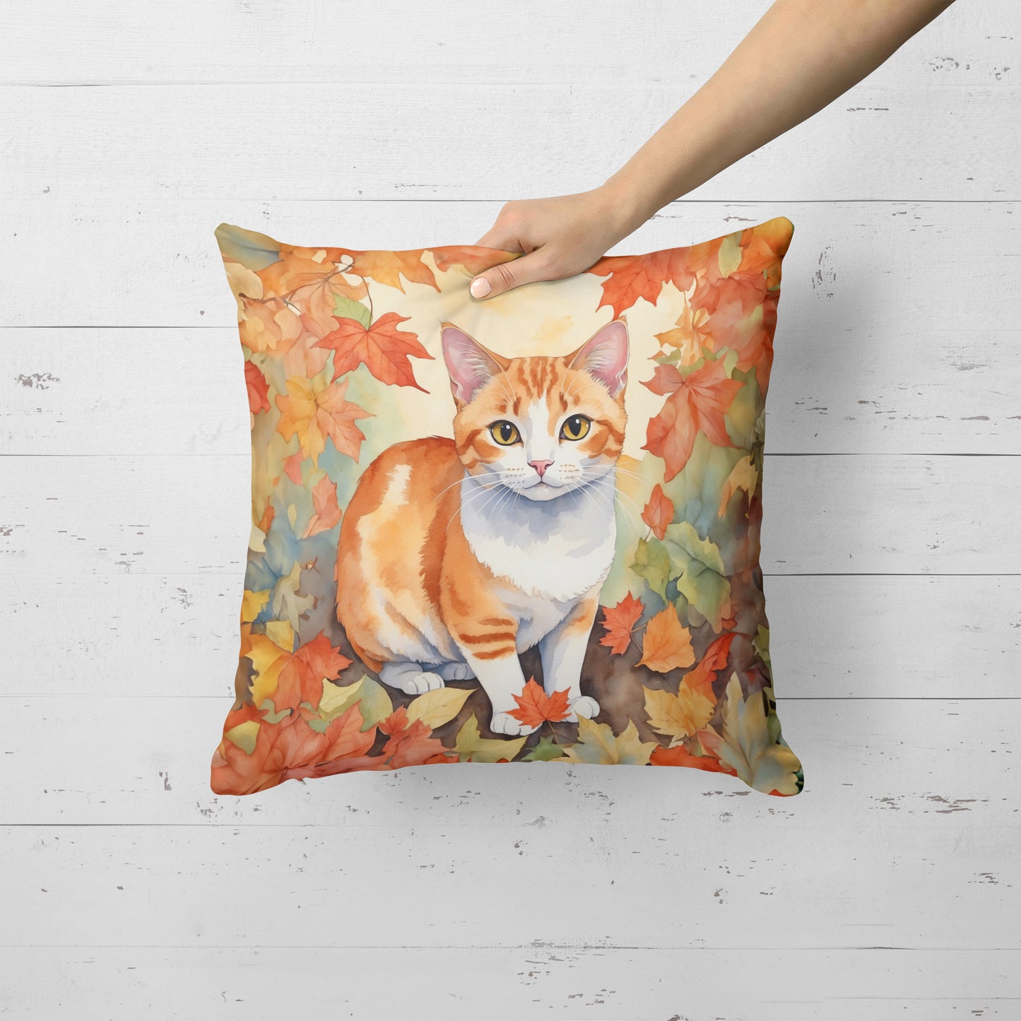 Japanese Bobtail Cat in Fall Leaves Throw Pillow