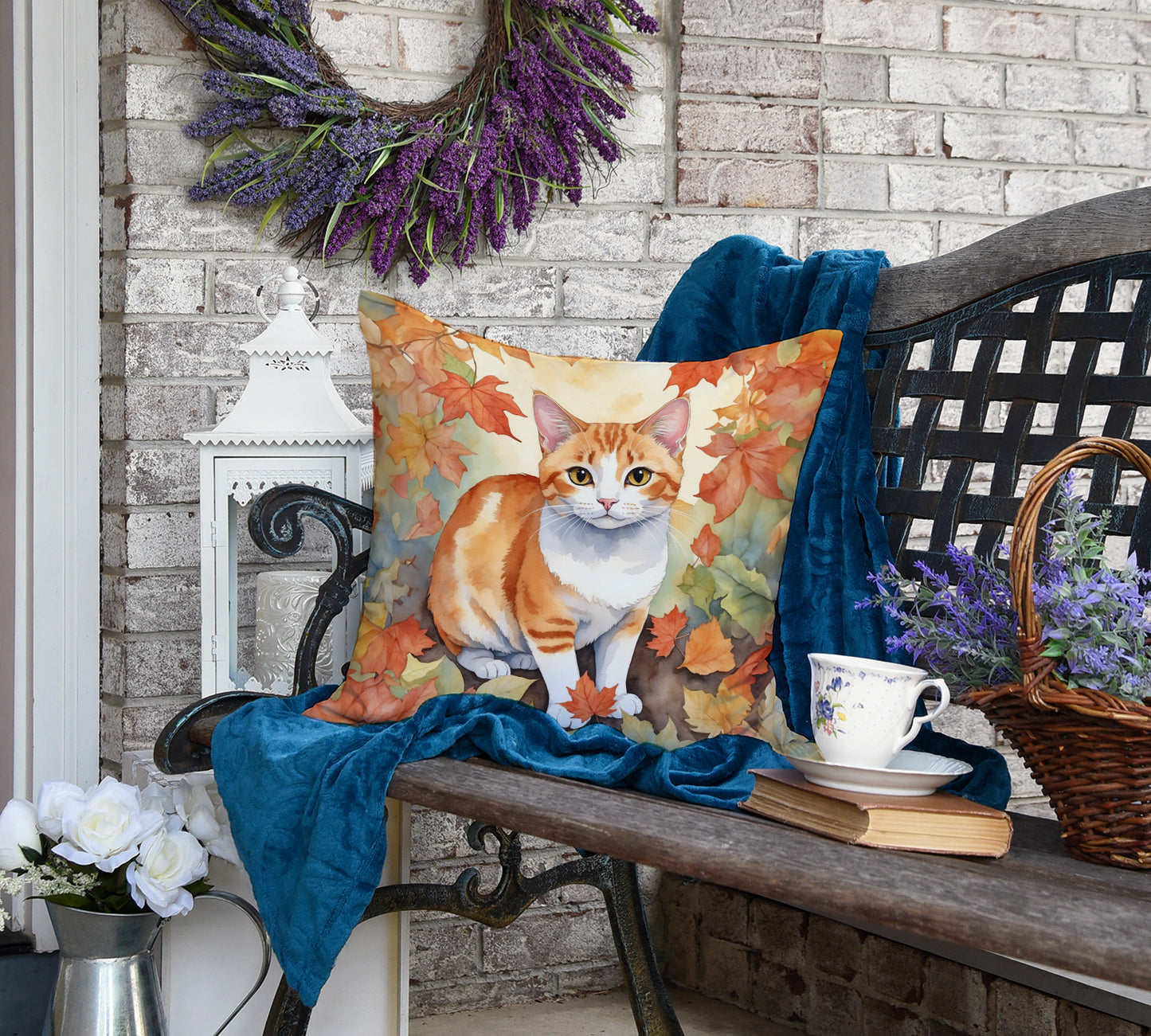 Japanese Bobtail Cat in Fall Leaves Throw Pillow