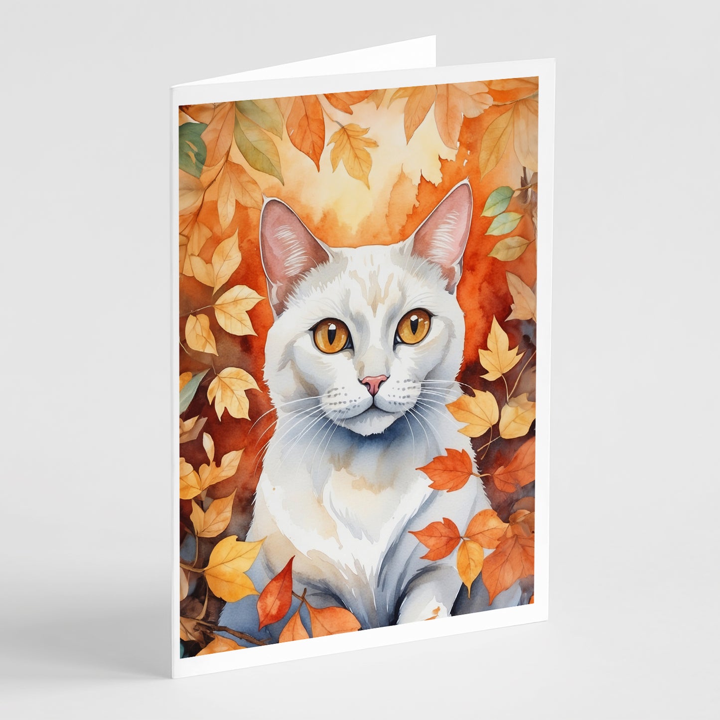 Buy this Khao Manee Cat in Fall Leaves Greeting Cards Pack of 8