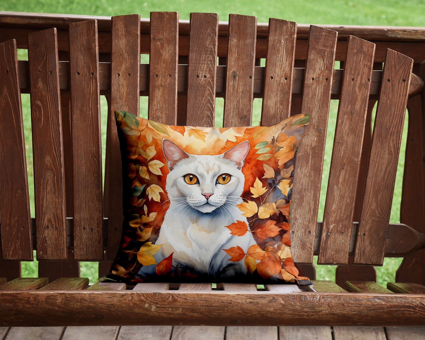 Khao Manee Cat in Fall Leaves Throw Pillow