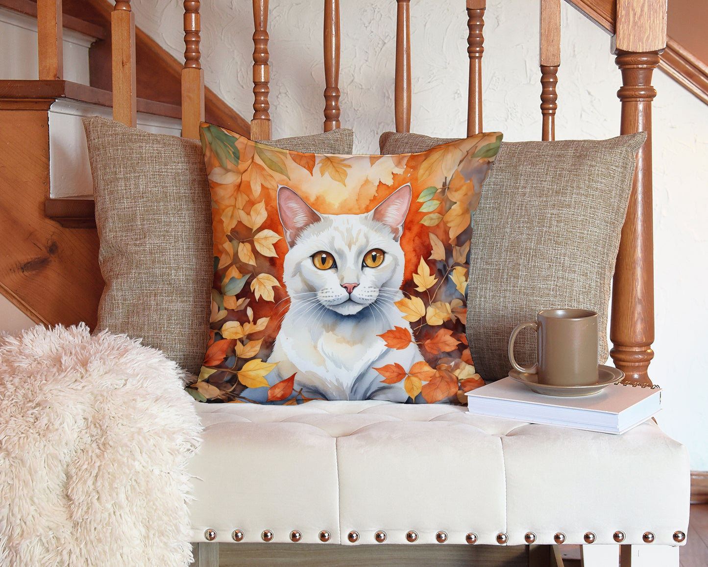 Khao Manee Cat in Fall Leaves Throw Pillow