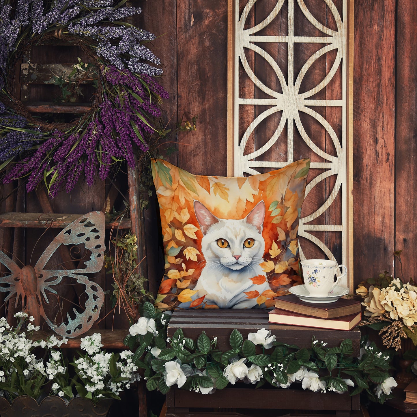 Khao Manee Cat in Fall Leaves Throw Pillow