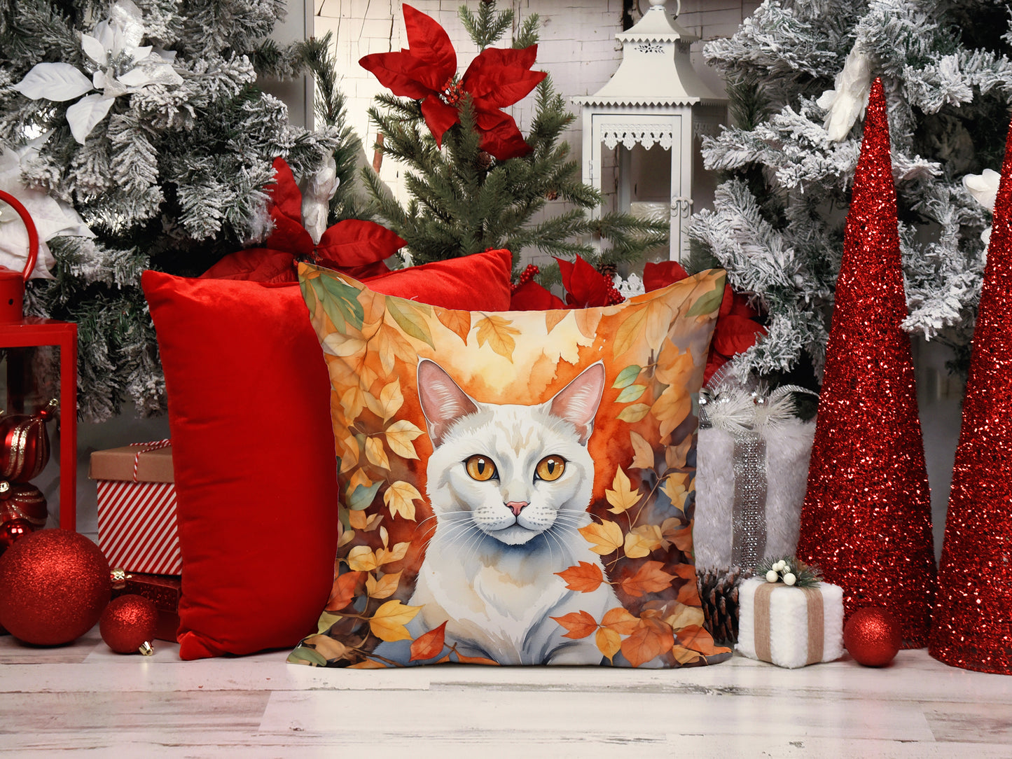 Khao Manee Cat in Fall Leaves Throw Pillow