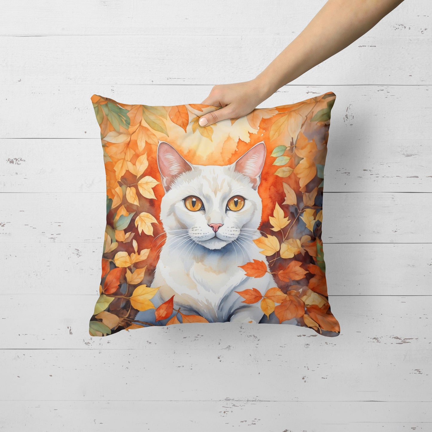 Khao Manee Cat in Fall Leaves Throw Pillow