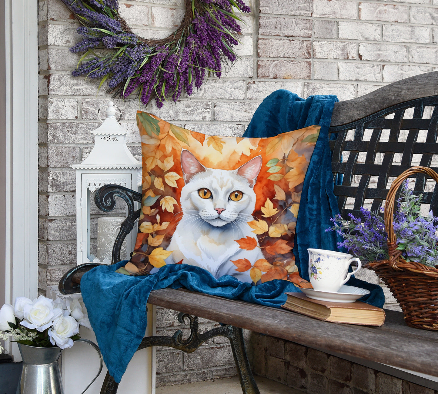 Khao Manee Cat in Fall Leaves Throw Pillow