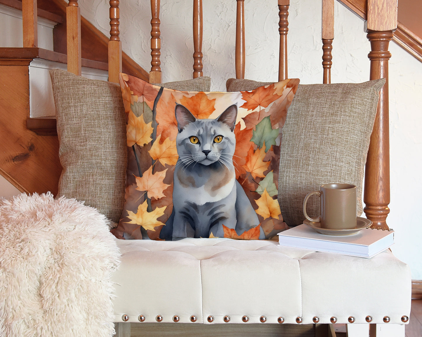 Korat Cat in Fall Leaves Throw Pillow