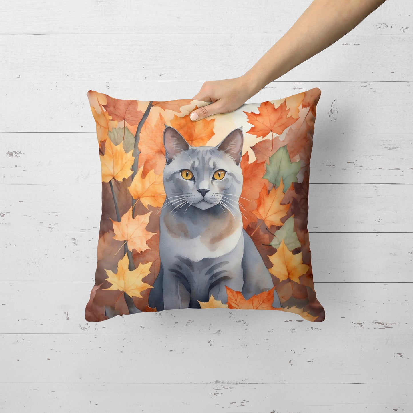 Korat Cat in Fall Leaves Throw Pillow