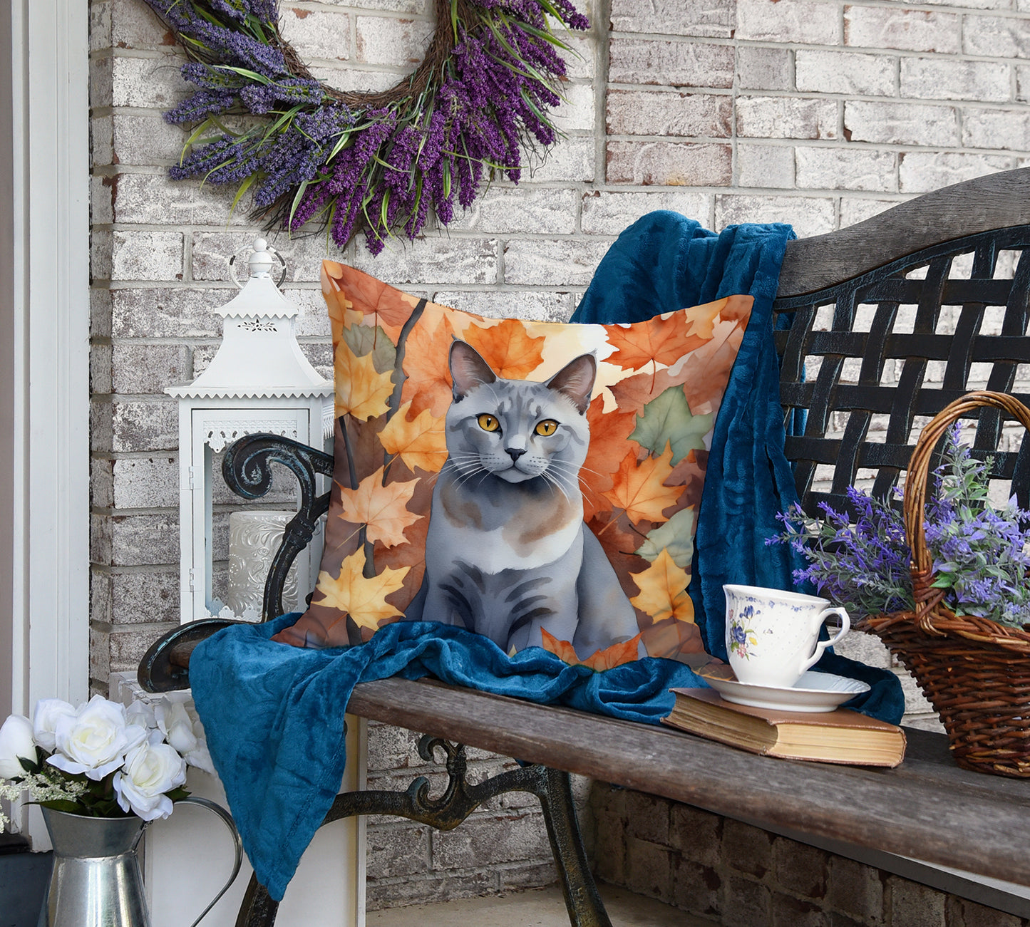 Korat Cat in Fall Leaves Throw Pillow